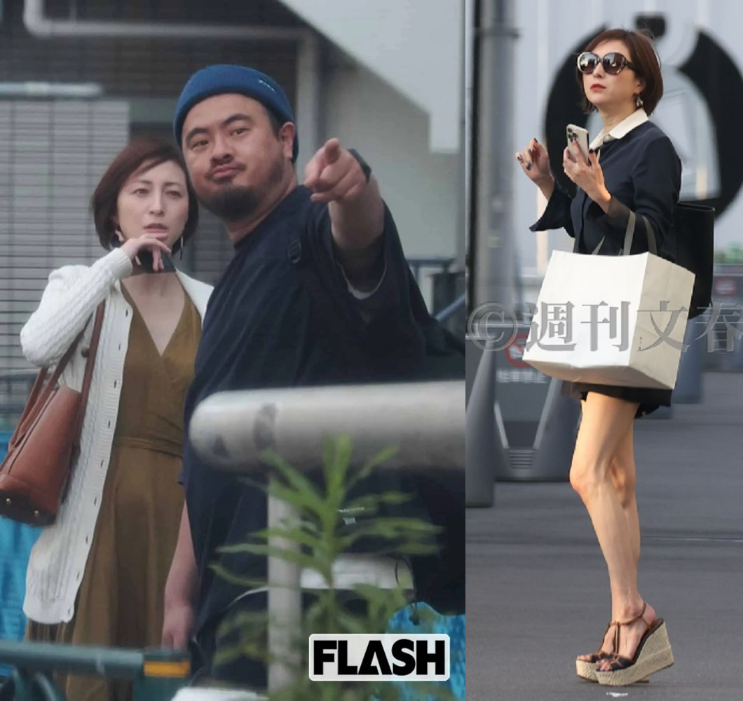 廣末涼子（左圖左）上月中旬被拍到與廚師鳥羽周作同框（左圖右），今《週刊文春》又釋出她大露美腿造訪鳥羽餐廳的照片。（左圖翻攝自《FLASH》週刊，右圖翻攝自《週刊文春》）