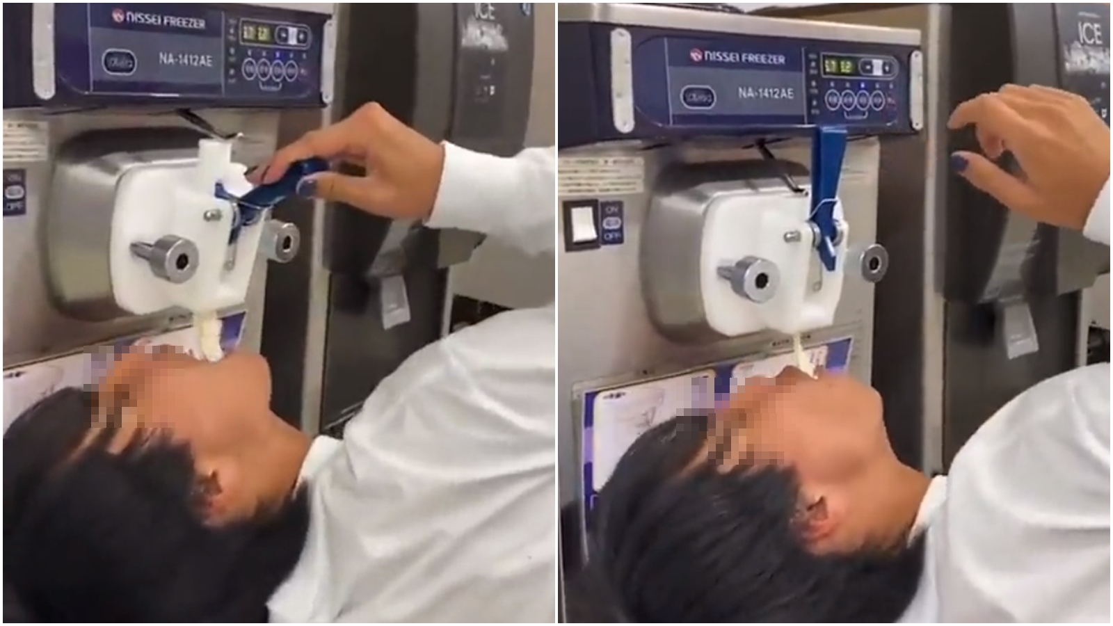 1名男大生在連鎖卡拉OK店直接在霜淇淋機台前，彎腰將霜淇淋直接擠入口中。（翻攝自推特@bakusai_com）
