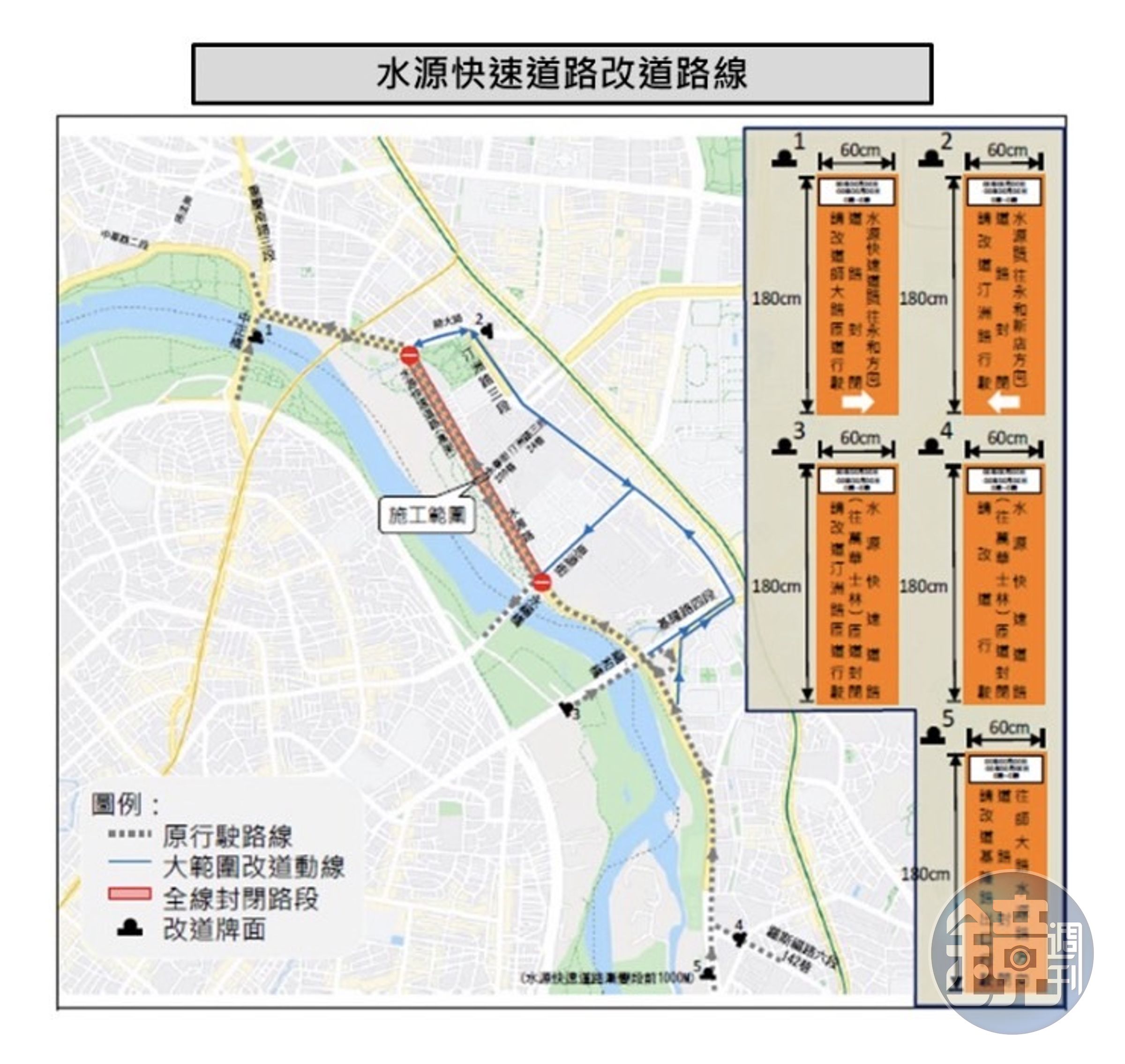 水源快速道路南北雙向全線路段將進行封閉,建議駕駛注意改道路牌。(警方提供)