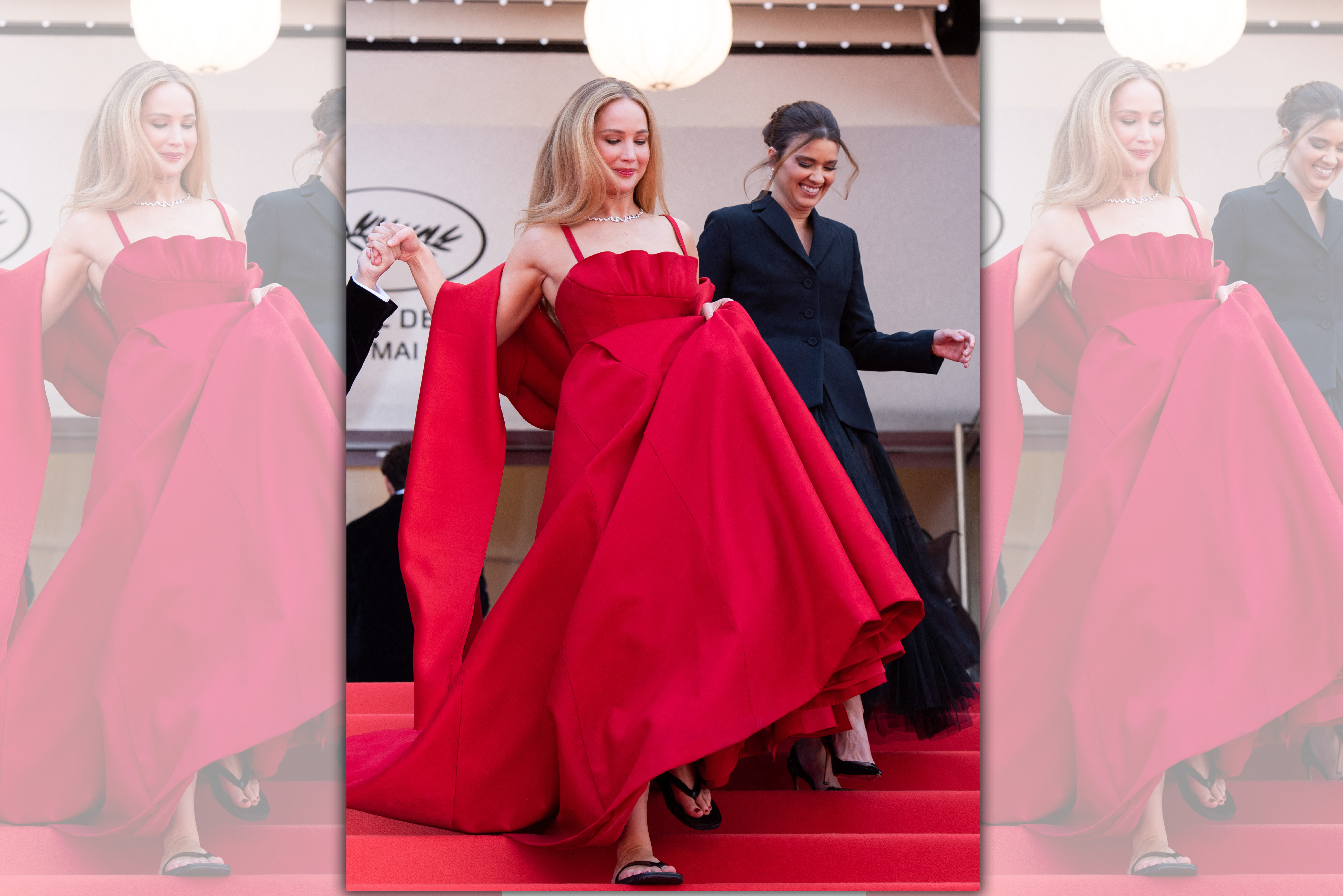 珍妮佛勞倫斯在坎城影展走下台階時，被抓包紅色長禮服下穿著人字拖，一時引發網友議論。（東方IC）