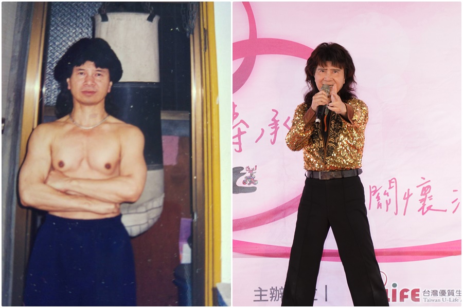舞棍阿伯年輕時大秀胸肌。（舞棍阿伯提供）