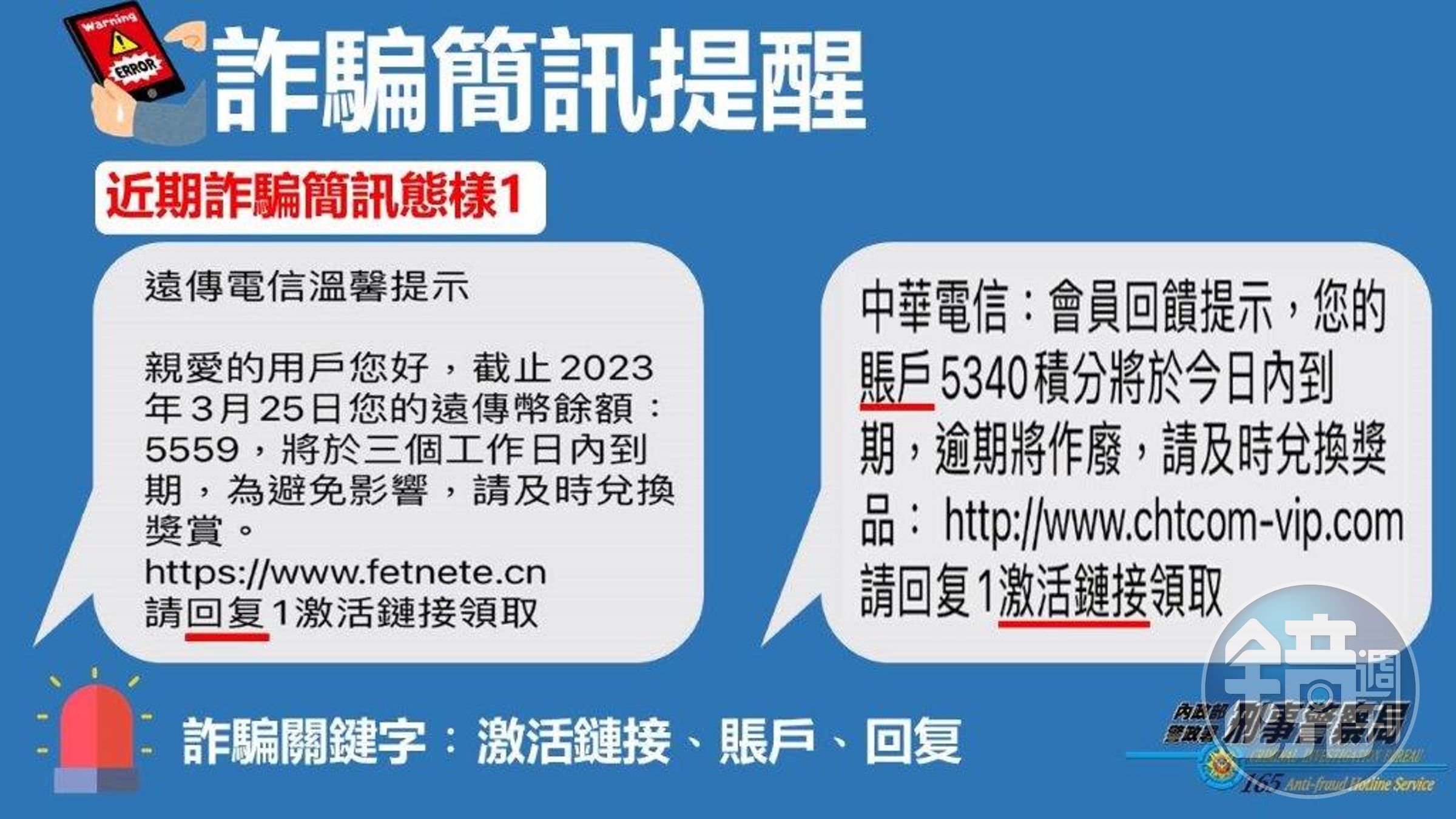 警方提醒民眾別亂點不明連結，小心被騙。（刑事局提供）