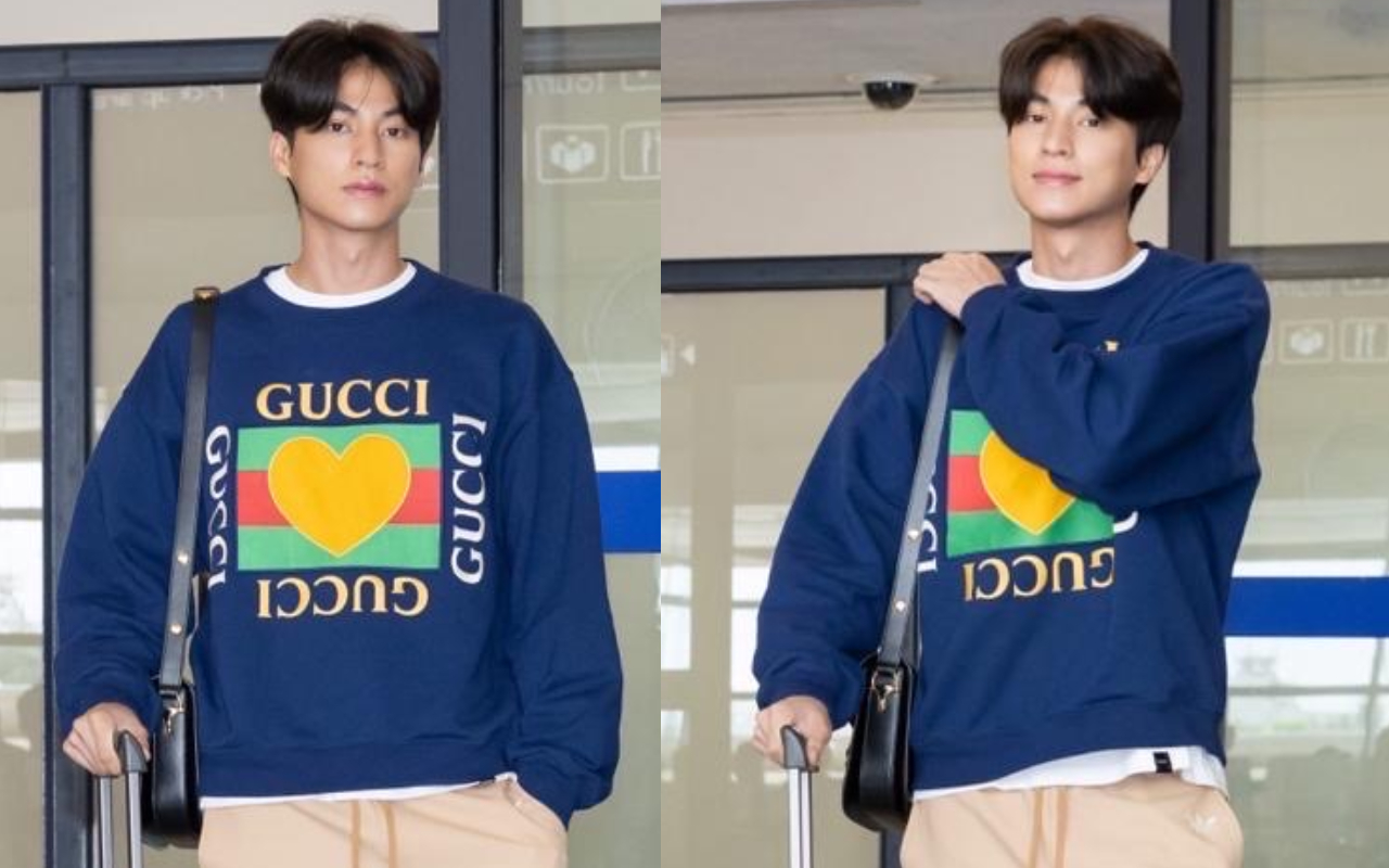 Gulf身穿Gucci休閒衫抵台，心中的愛心圖案表達心意。（Gucci提供）