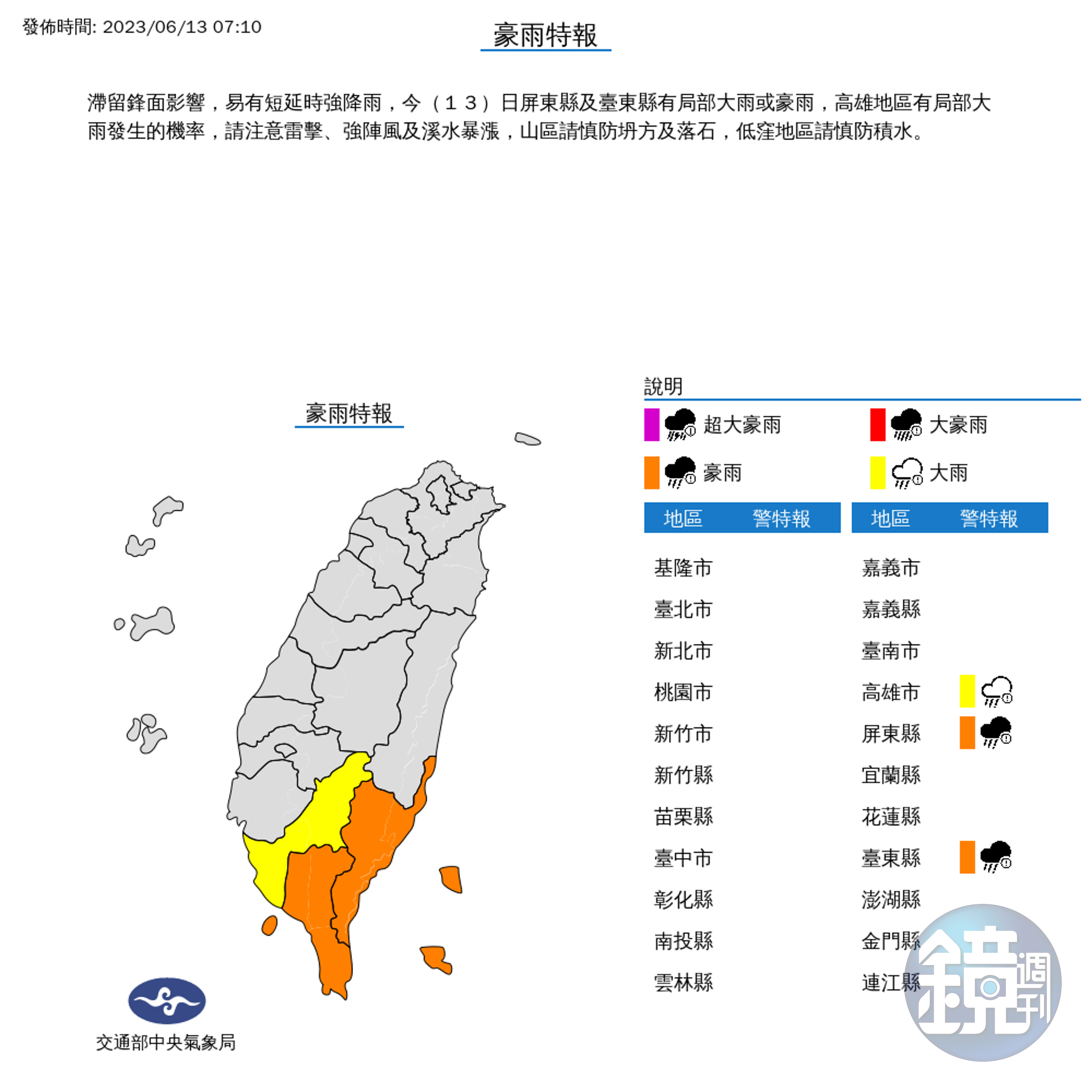 氣象局清晨對高雄市、屏東縣與台東縣、台東縣發出豪雨特報。（翻攝自氣象局）