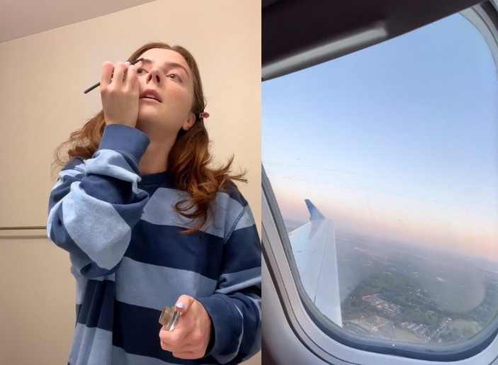 索菲亞為了省錢,選擇凌晨3點起床化妝,搭飛機通勤上班。(翻攝抖音@sophiacelentano48)