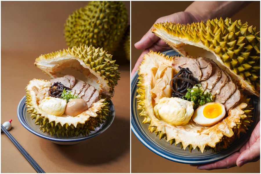 高雄一家拉麵店推出每日限量20碗「榴槤拉麵」，整碗拉麵直接用榴槤殼端上，畫面超級震撼。（翻攝自山禾堂拉麵岡山店臉書）