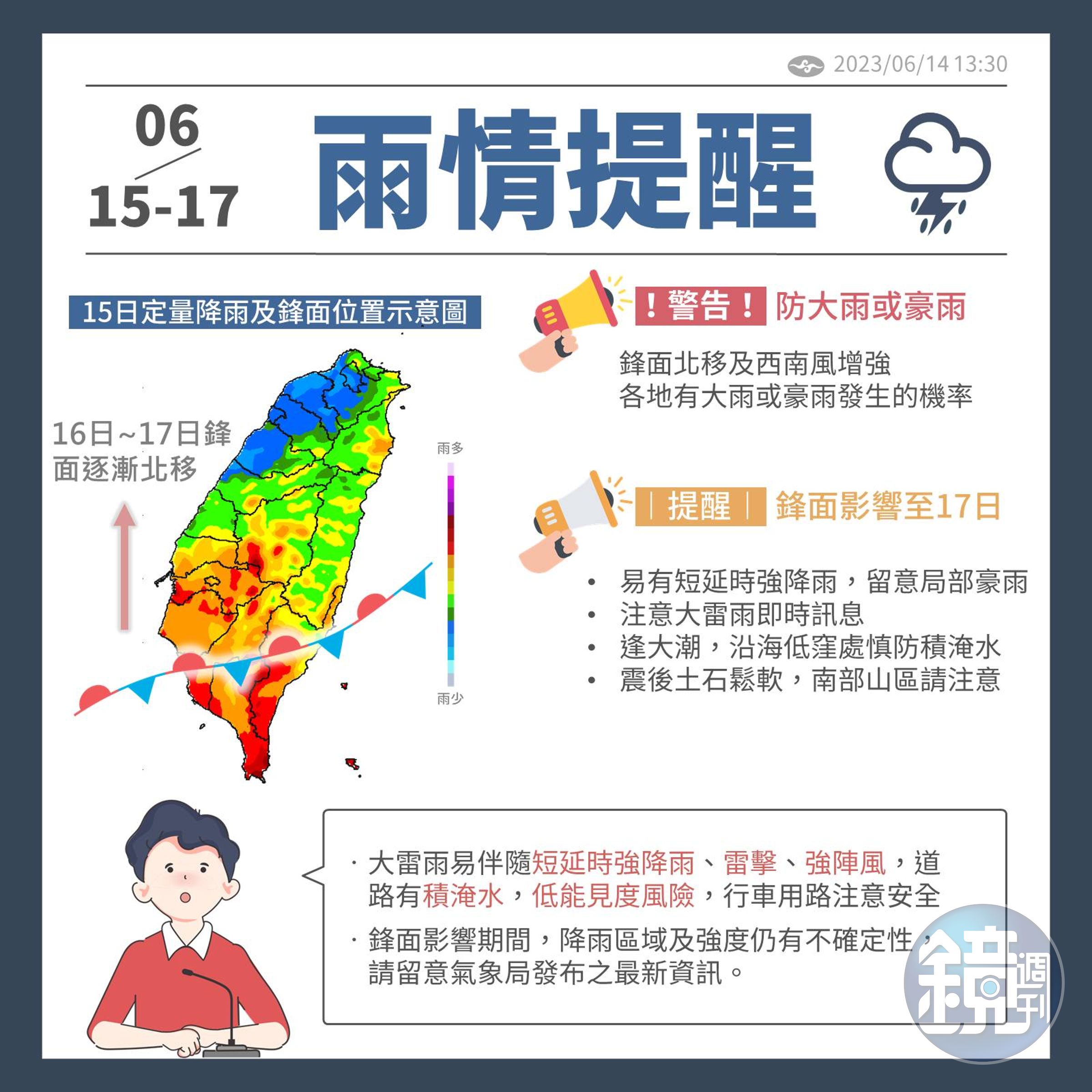 氣象局提醒民眾雨情，預估鋒面會影響至週六。（氣象局提供）