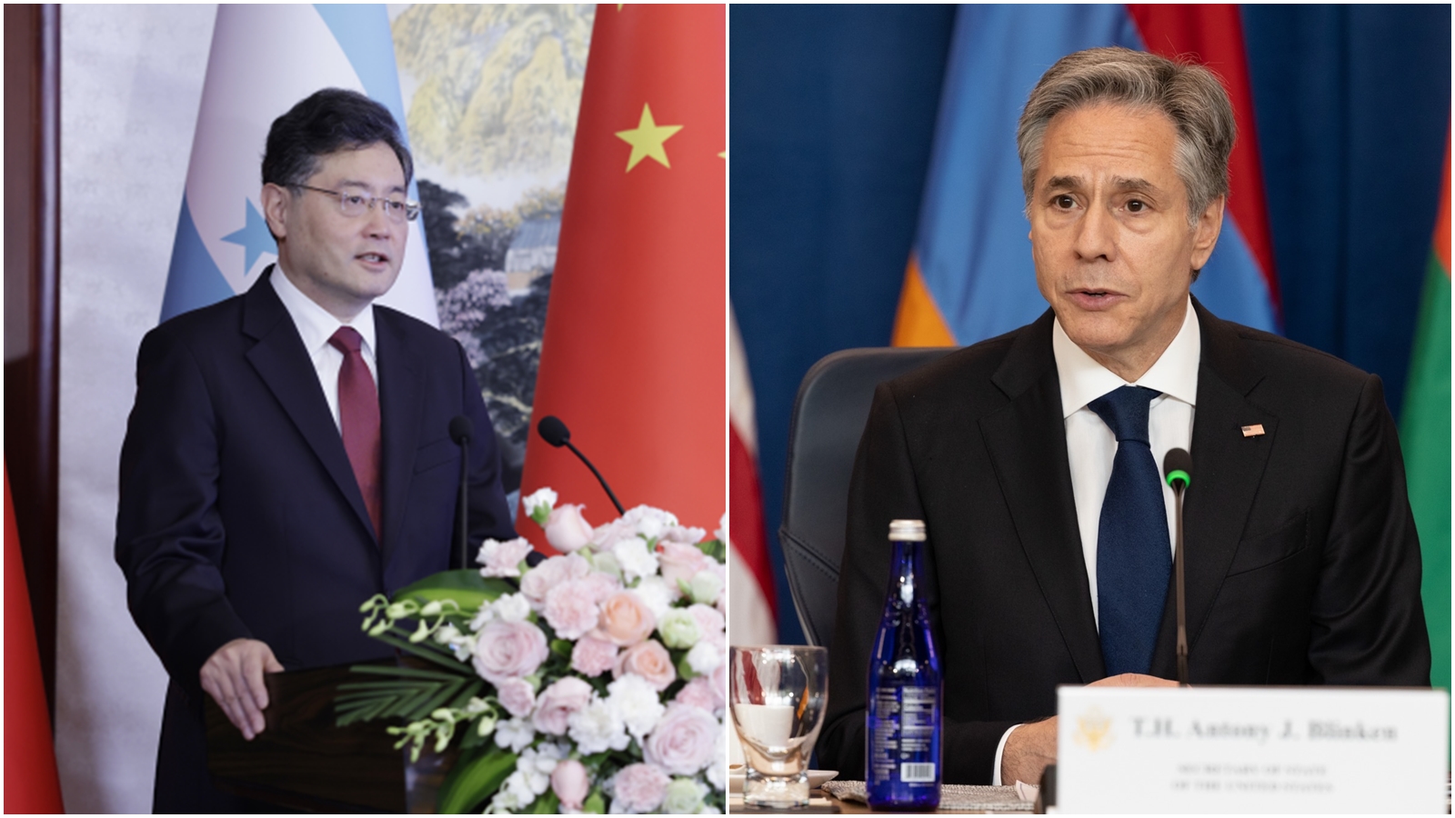 美國國務卿布林肯（右）與中國外交部長秦剛（左）今日進行通話，兩人事後各自發表相關立場。（翻攝自推特@SecBlinken、中國外交部官網）