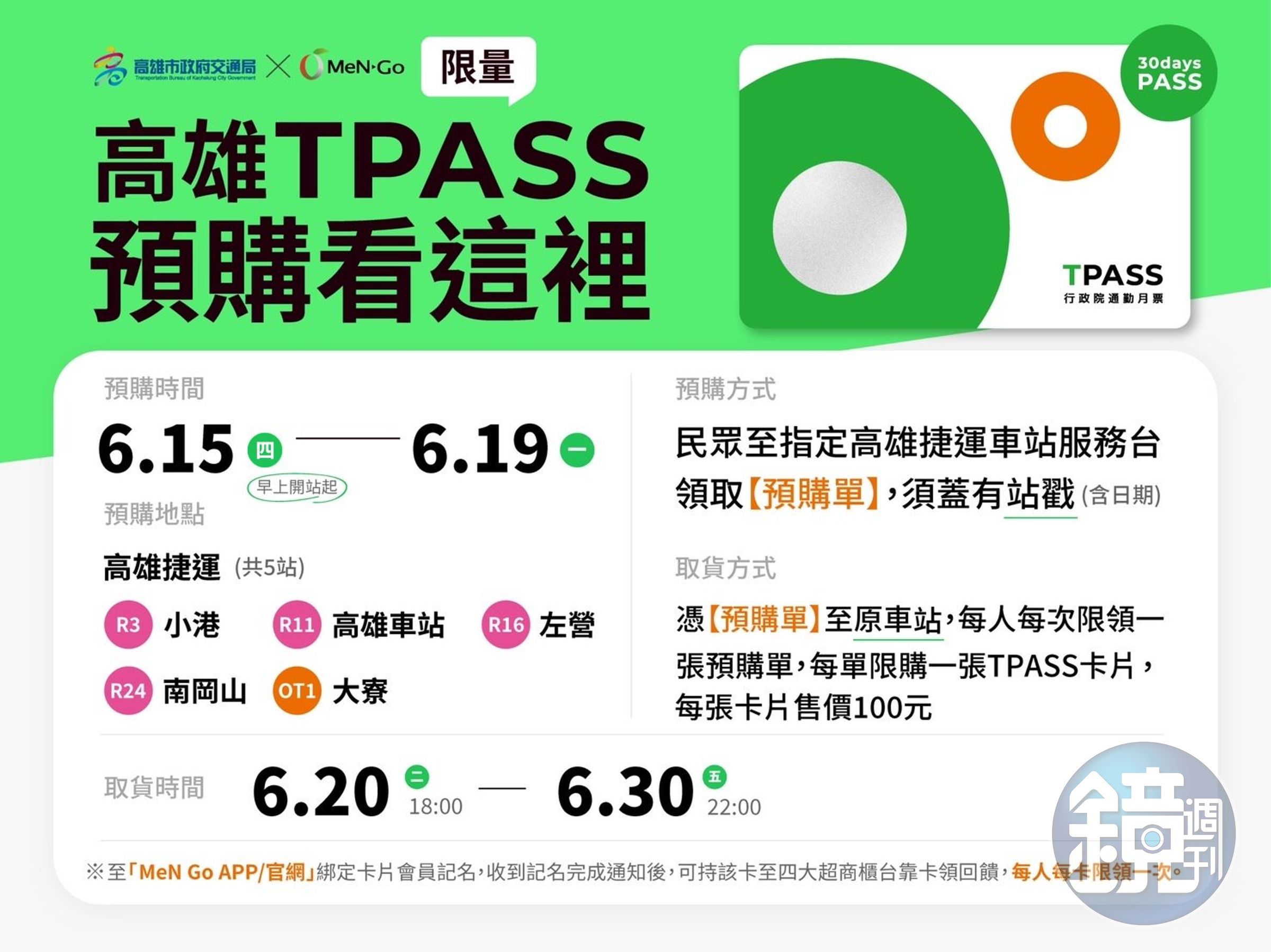 高雄TPASS卡將於6月15日起至6月19日開放高雄捷運5處車站限量預購。(高雄市政府交通局提供)