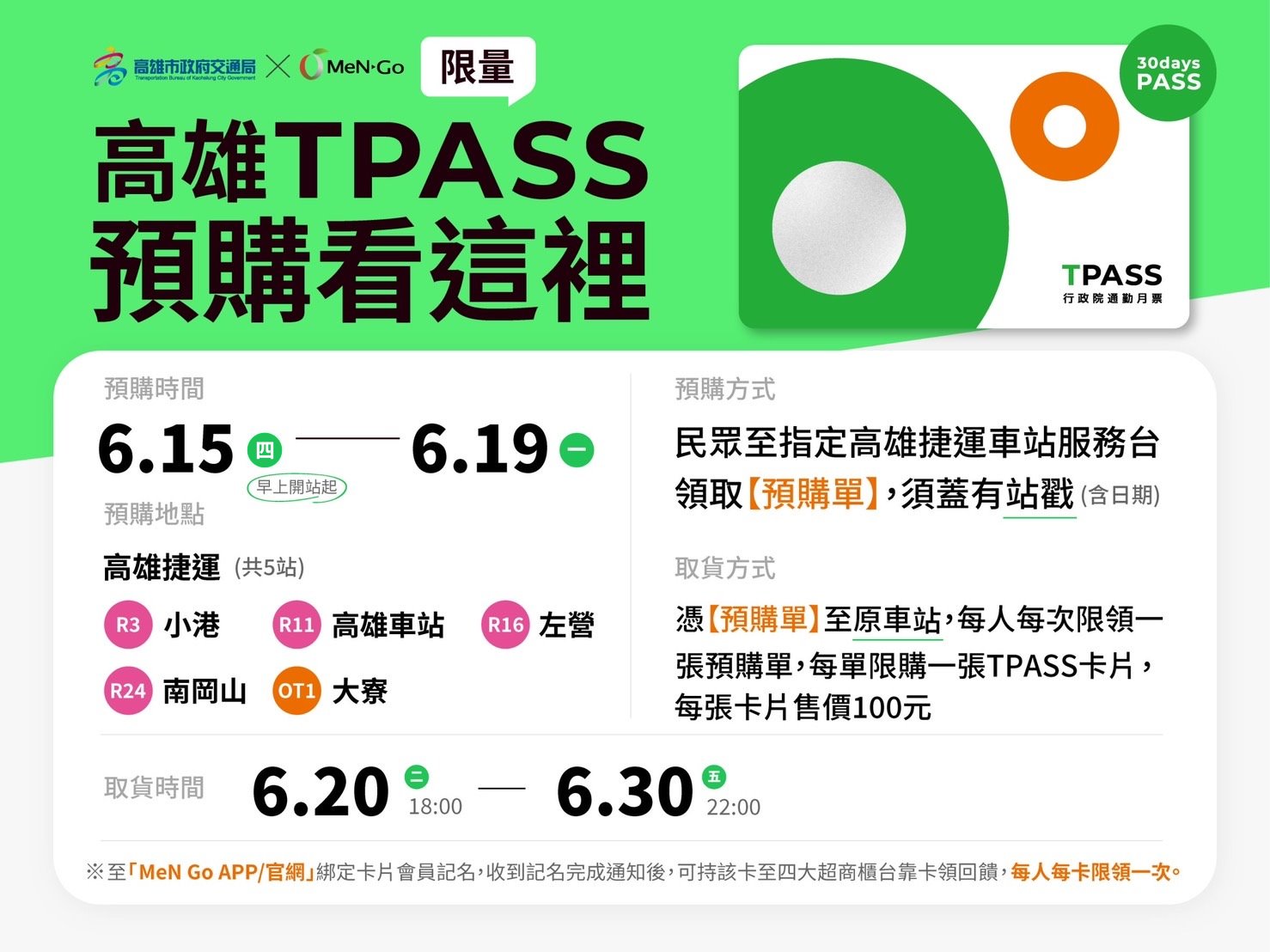 高雄TPASS卡將於6月15日起至6月19日開放高雄捷運5處車站限量預購。(高雄市政府交通局提供)