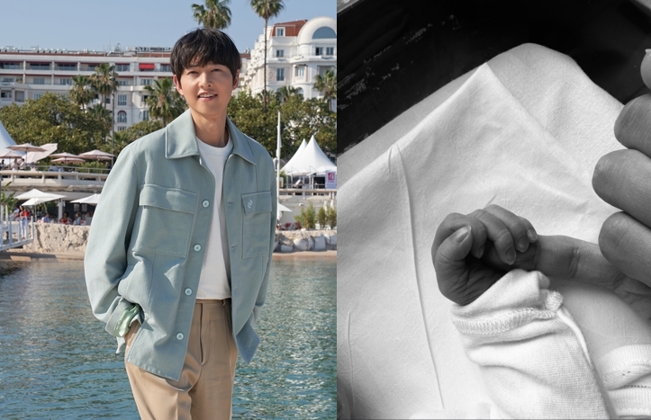 宋仲基在官方粉絲團親自宣布當爸喜訊，並曬出他與兒子的牽手照。（網路圖片）