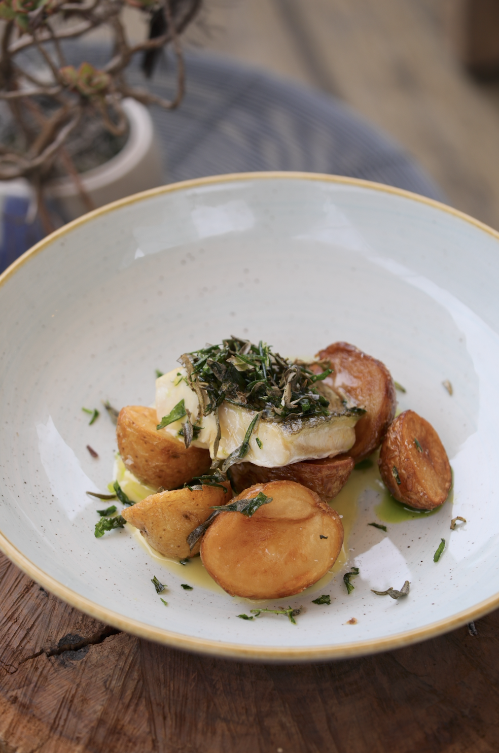 「Market Fish,Beurre Blanc,Dill Oil,Chat Potatoes,Beach Herbs」使用新鮮漁獲，以法式白黃油醬汁、蒔蘿油簡單調味就很美味。（澳幣35元／份，約NT$728）