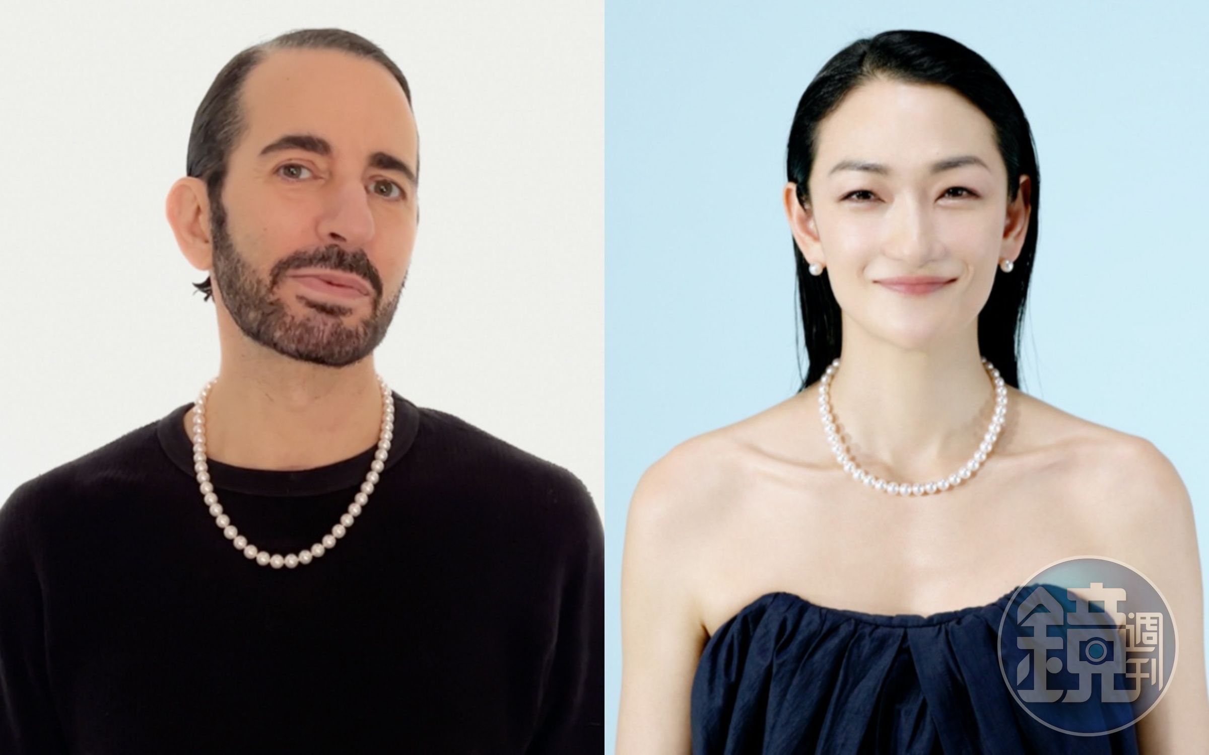 (左起)Marc Jacobs、富永愛皆以珍珠串鍊表達他們對MIKIMOTO的愛。(MIKIMOTO提供)