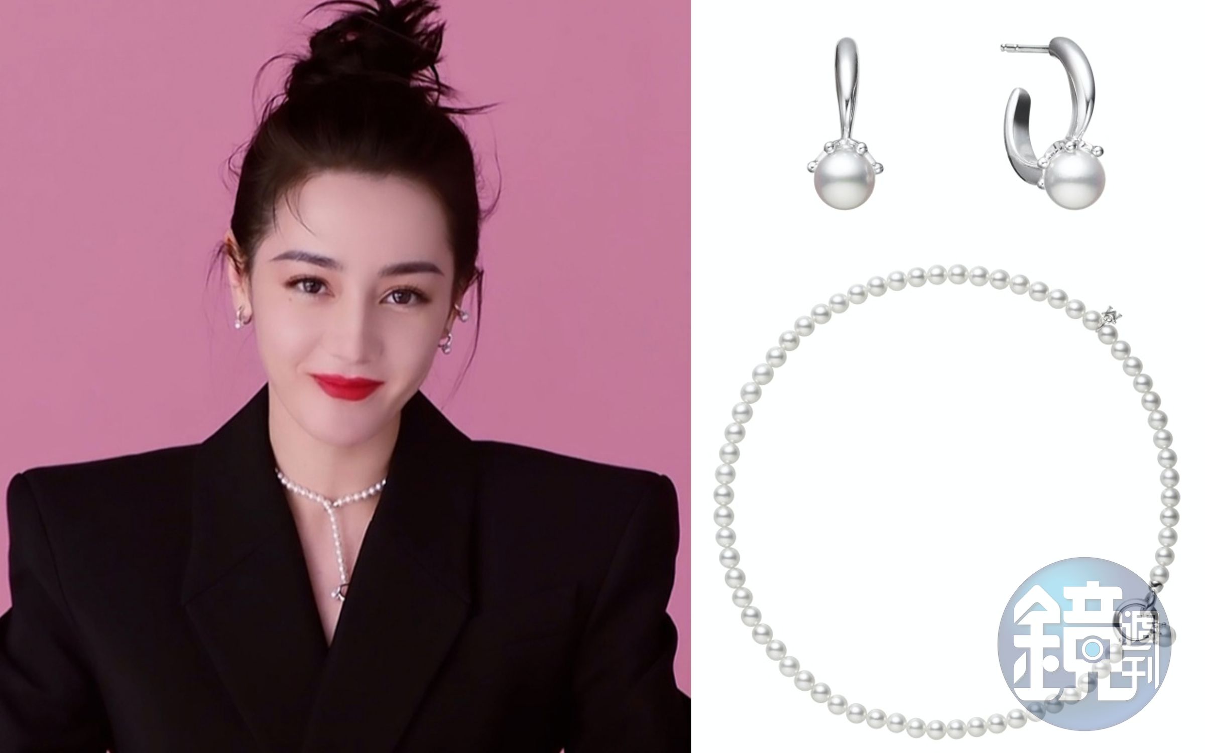 迪麗熱巴佩戴的Ring Charm系列珍珠串鍊NT$80,000、珍珠耳環NT$46,000。(MIKIMOTO提供)