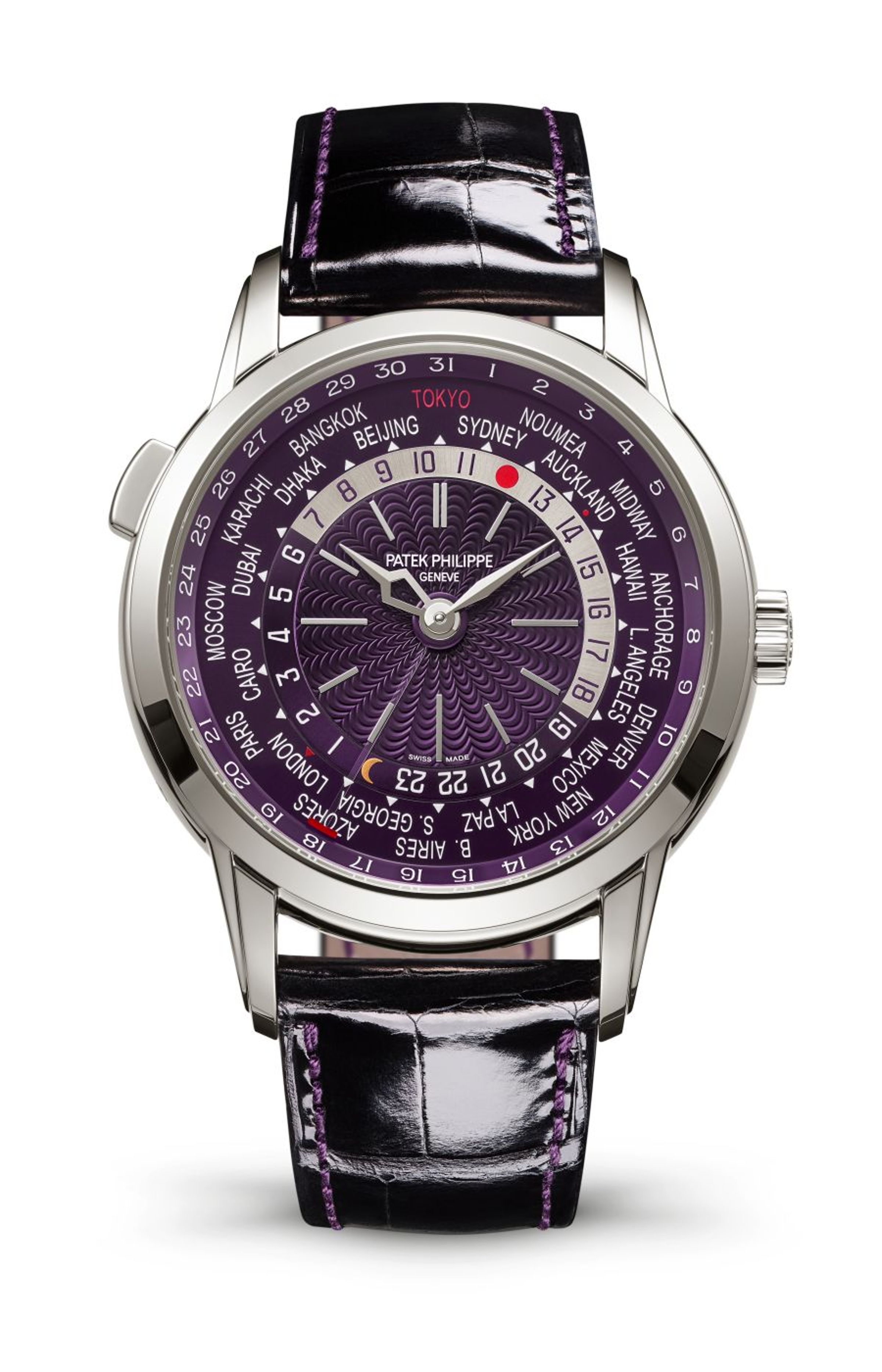 PATEK PHILIPPE 5330G 此錶是第一款把世界時間與日期顯示結合於一起的錶款。超薄240 HU C機芯採用微型自動陀上鏈結構,以12點鐘位置顯示當地城市時間和日期,利用10點鐘位置的按鈕調校,而獲得專利的日期差動系統,則讓日期與城市圈得以同步。白金材質,錶徑40mm,厚度11.57mm,限量300只。 功能:時、分指示;世界時區;日期指示 機芯:自動上鏈機芯 定價:約7萬瑞郎