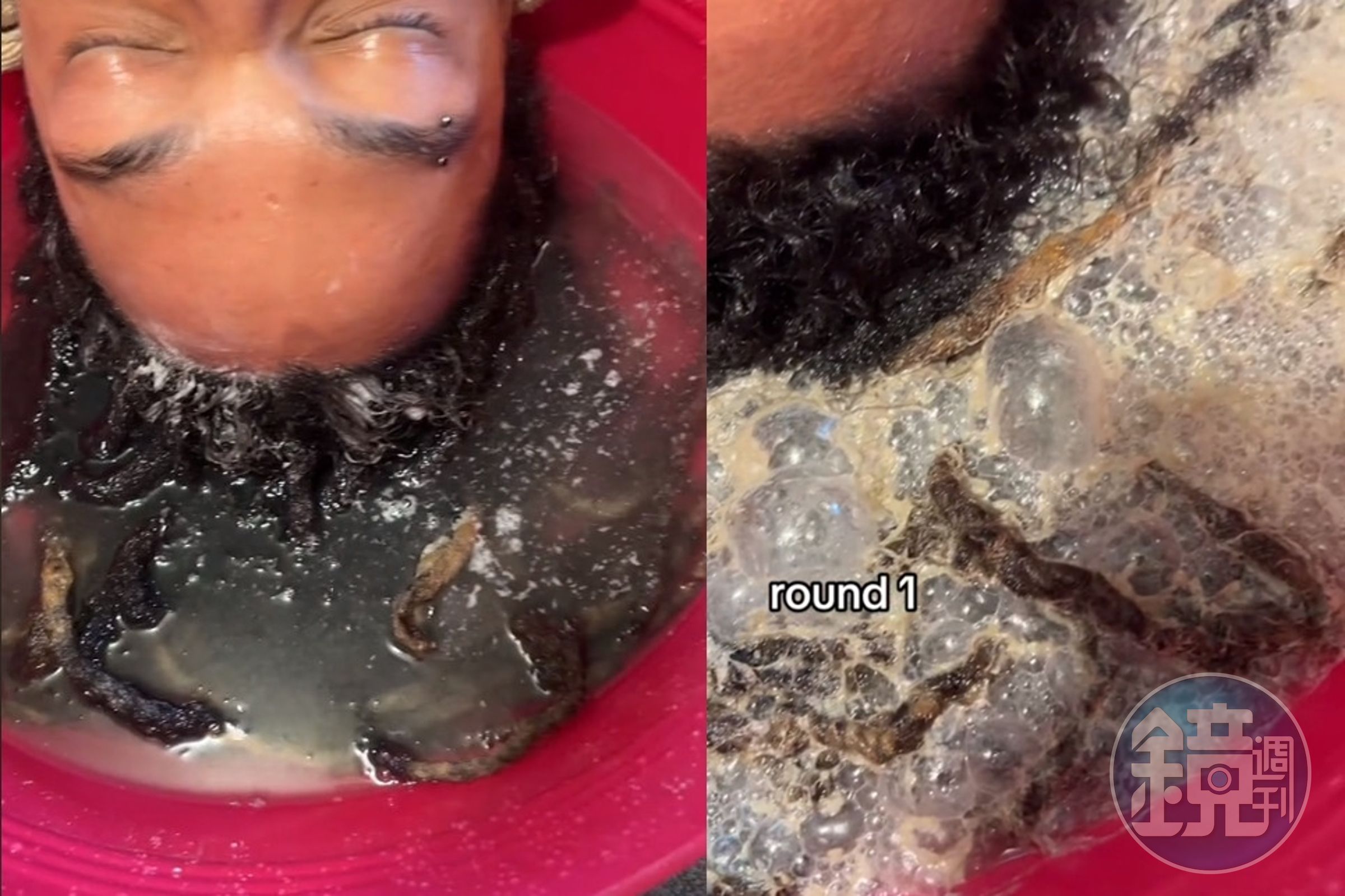 艾莉莎受不了男友6年沒洗頭，親手幫他洗頭，頭髮下水揉搓後整盆水變得混濁。（翻攝抖音@alessandrasophiaa）