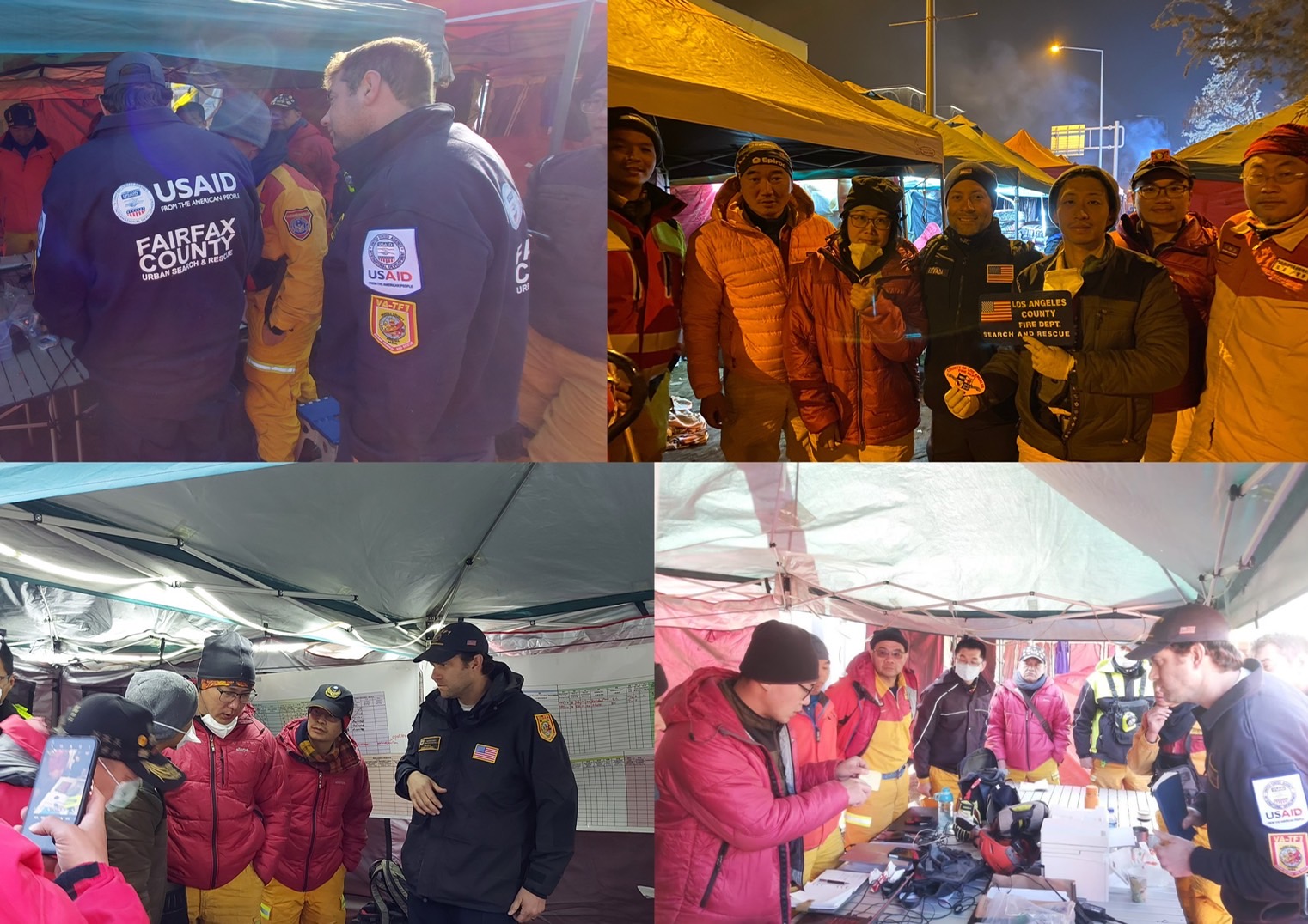土耳其阿德亞曼災區與美國隊進行SCC交接及合影。（消防署提供）