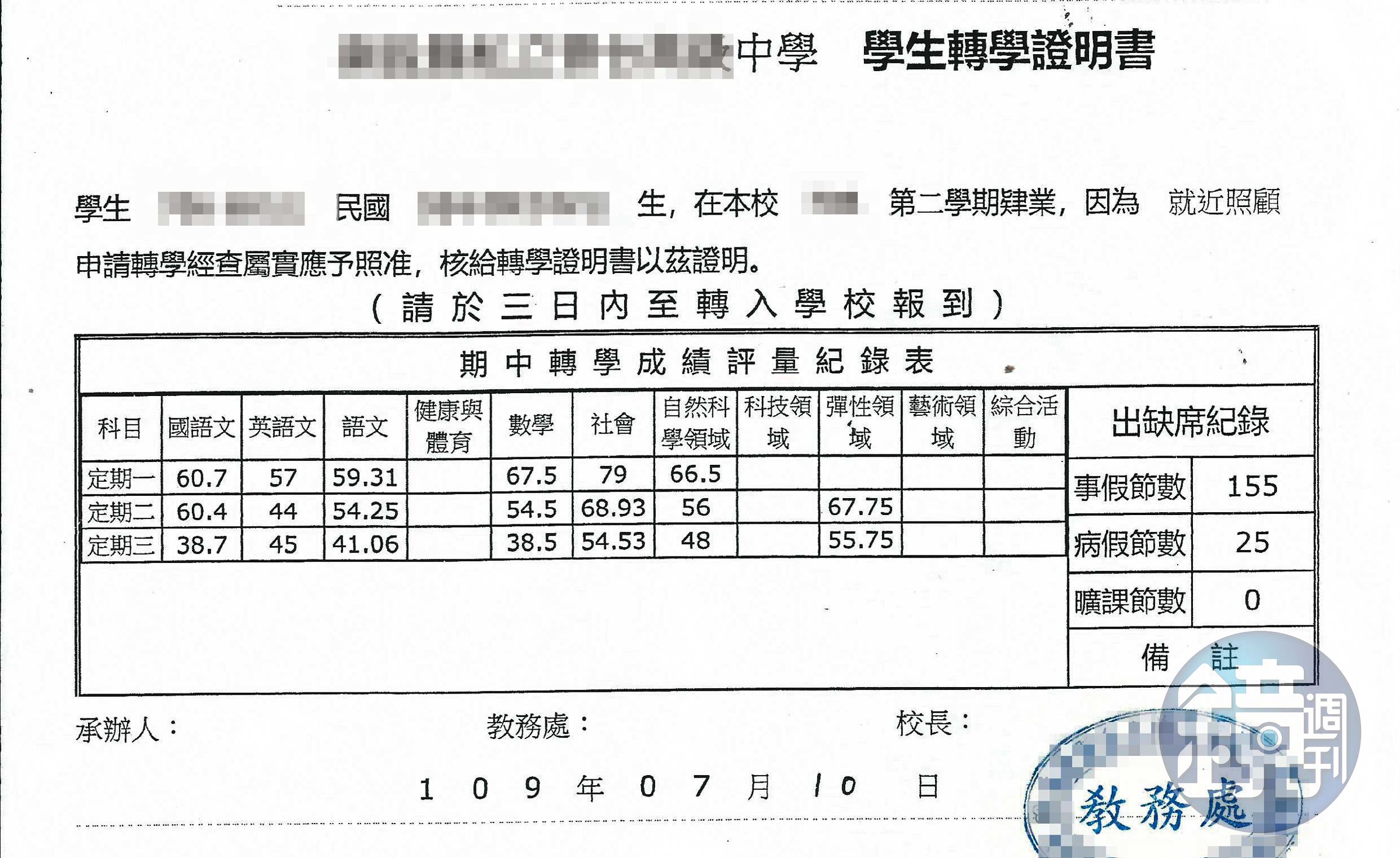 校方未經家長同意,擅自替小志辦理轉學手續。(讀者提供)