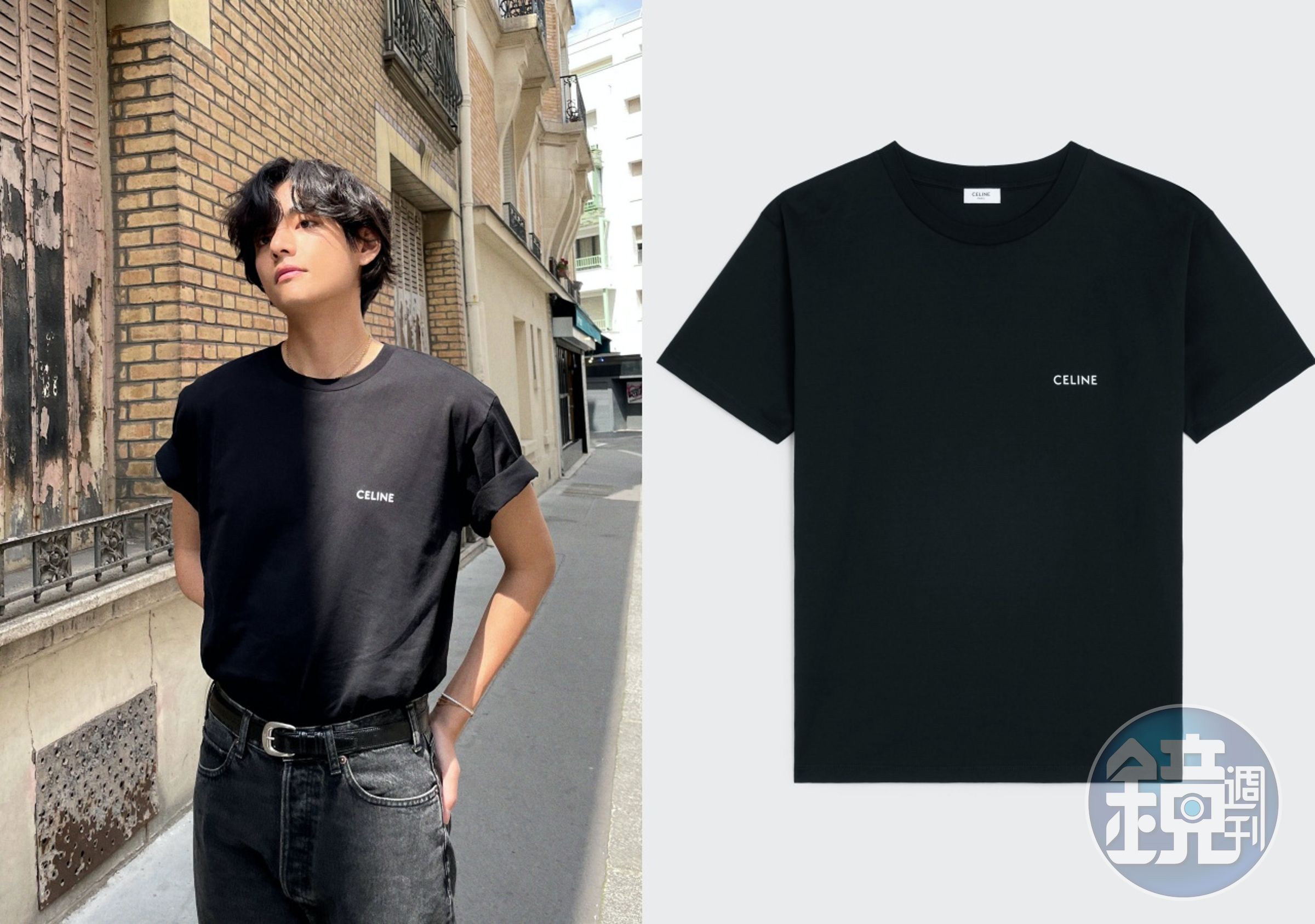 V（金泰亨）簡單的經典Logo T-Shirt入手單價相對親民。棉質平織布寬鬆T-Shirt NT$20,500（CELINE提供）