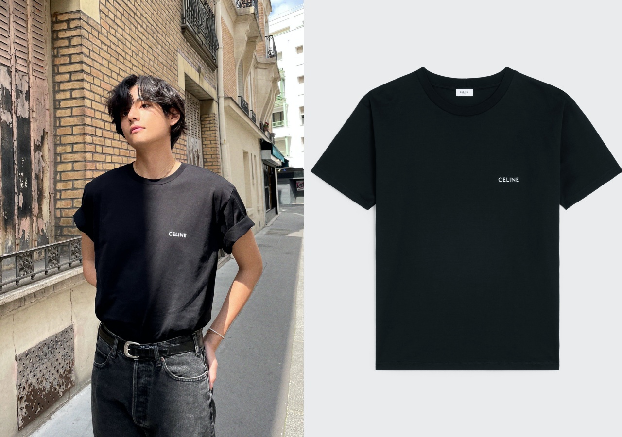 V（金泰亨）簡單的經典Logo T-Shirt入手單價相對親民。棉質平織布寬鬆T-Shirt NT$20,500（CELINE提供）