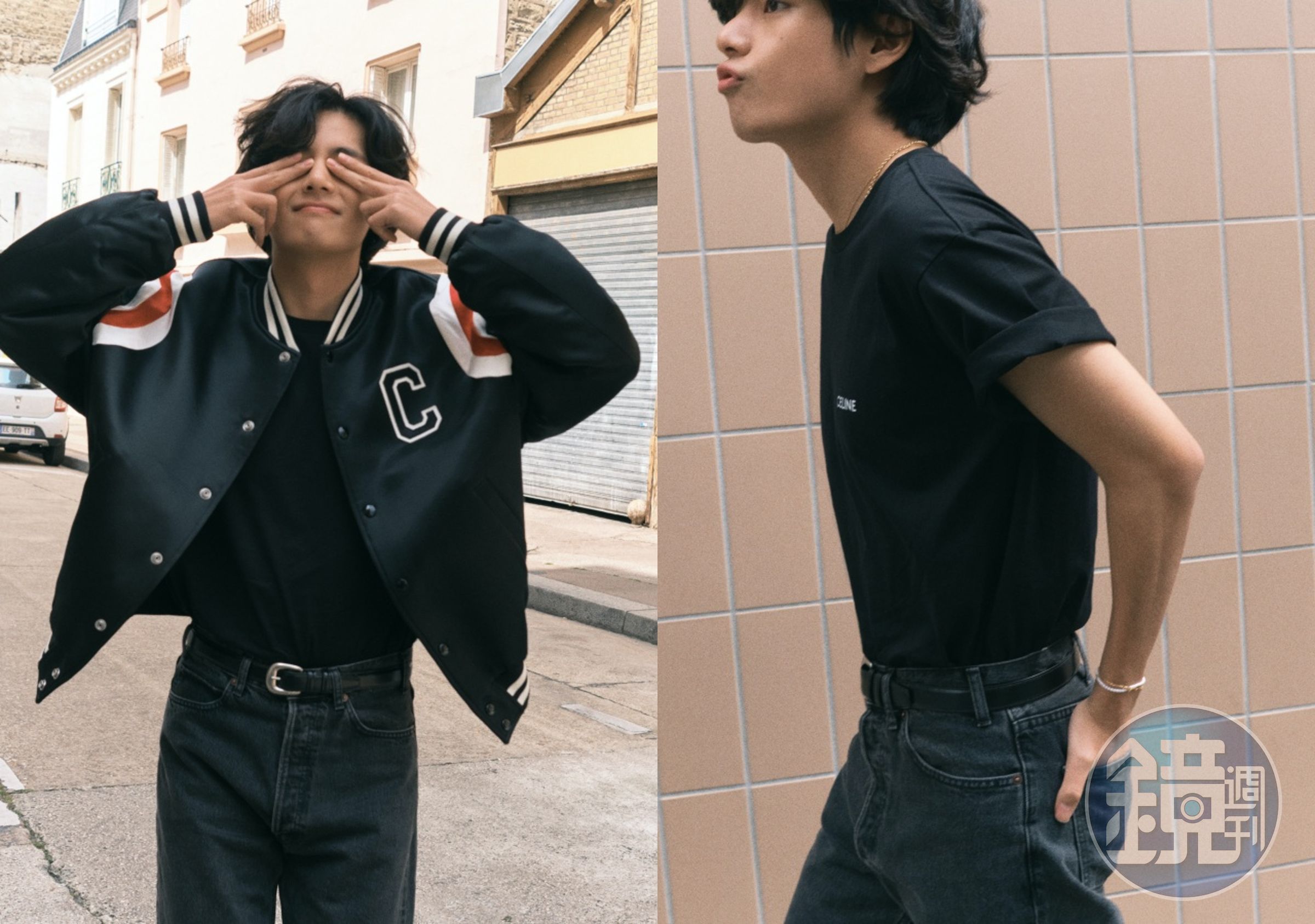 V（金泰亨）以Logo T-Shirt搭配牛仔褲與棒球外套，青春又時尚。（CELINE提供）