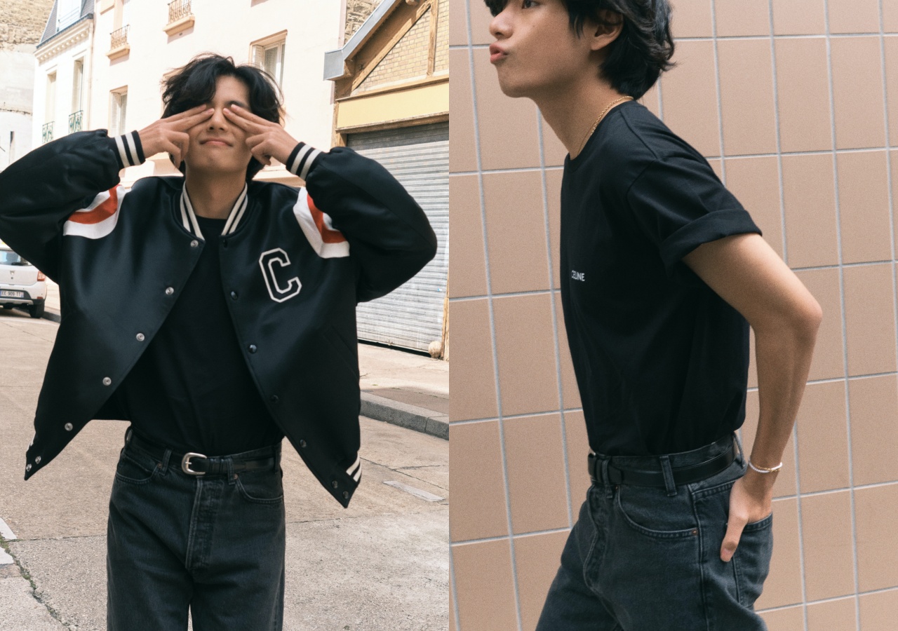 V（金泰亨）以Logo T-Shirt搭配牛仔褲與棒球外套，青春又時尚。（CELINE提供）