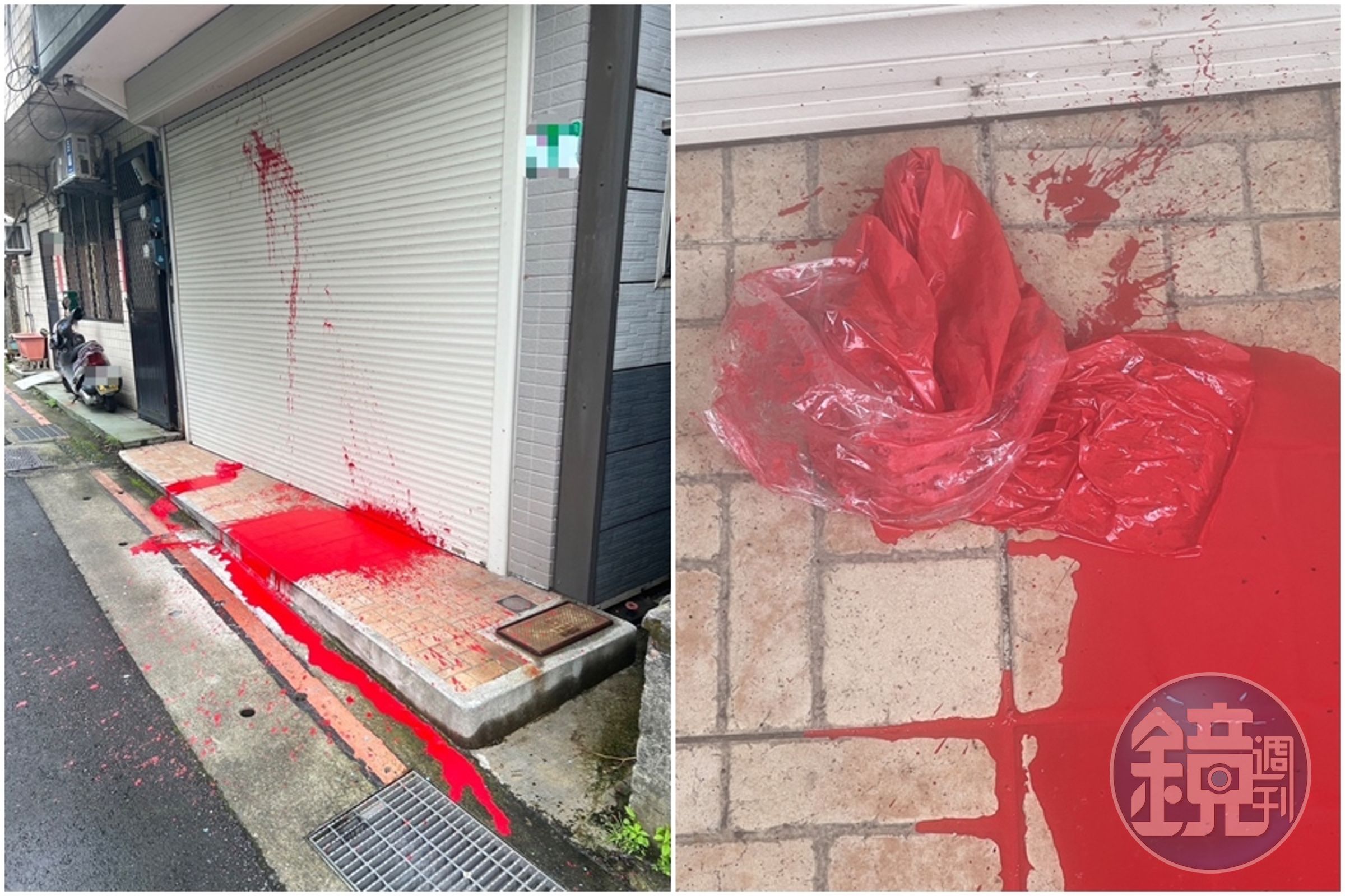 吳男住家大門遭潑紅漆,滿目瘡痍,地上還遺留裝盛紅漆的袋子。(翻攝畫面)