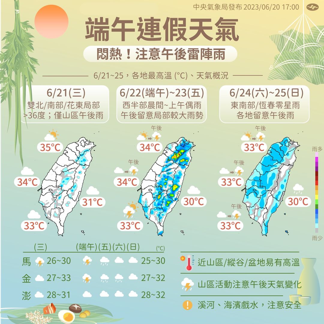 端午連假雨區將擴大。(翻攝自報天氣 - 中央氣象局臉書)