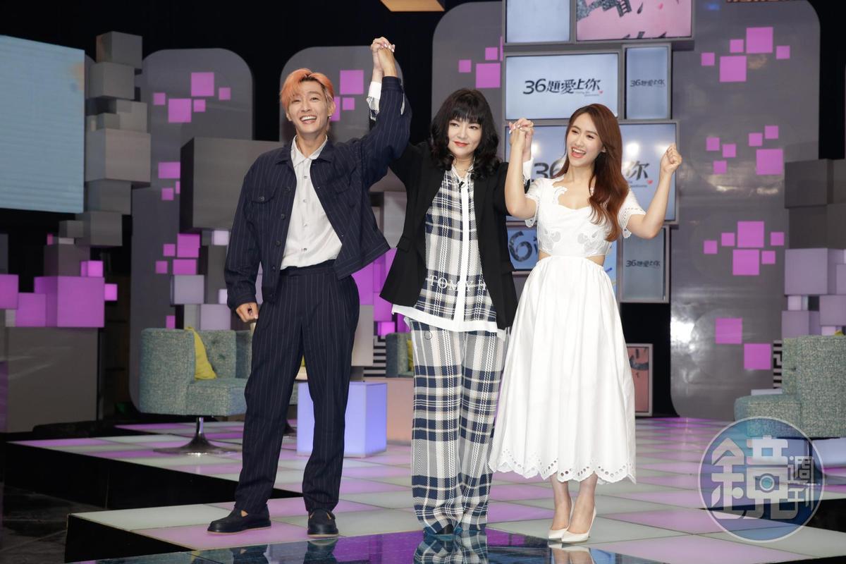 炎亞綸（左）事業目前愈來愈垮，身為「國師」、他之前同節目的主持人唐綺陽（中）也遭受網友群起逼問，最右為吳宗憲的女兒吳姍儒。（本刊資料照）