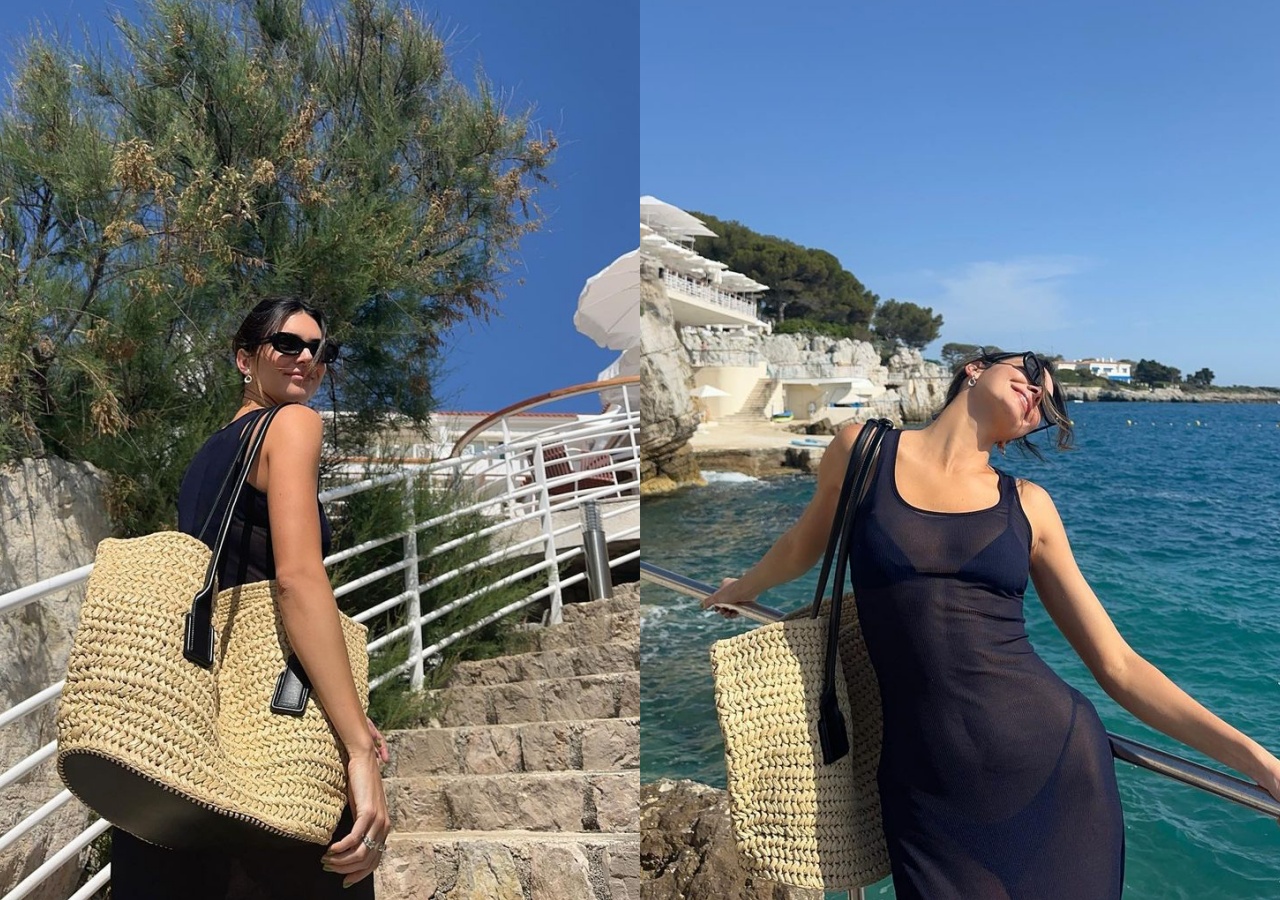 Kendall Jenner背著BOTTEGA VENETA度假系列Arco拉菲草包款。NT$91,400（翻攝自Kendall Jenner IG）