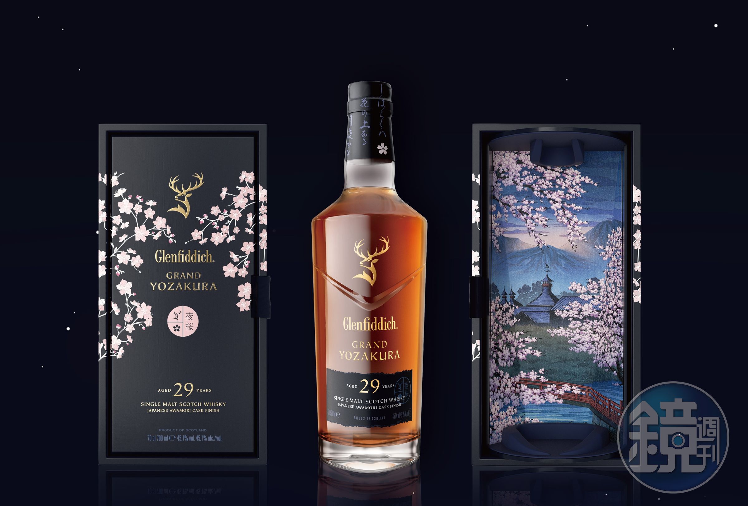 「格蘭菲迪29年夜櫻」由日本插畫家 June以插畫繪製一幅東西文化交匯的景觀畫於禮盒盒身,細膩精緻的工藝值得收藏。(格蘭菲迪Glenfiddich提供)