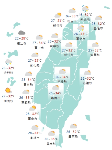 全台各地明日白天天氣狀況。（中央氣象局提供）