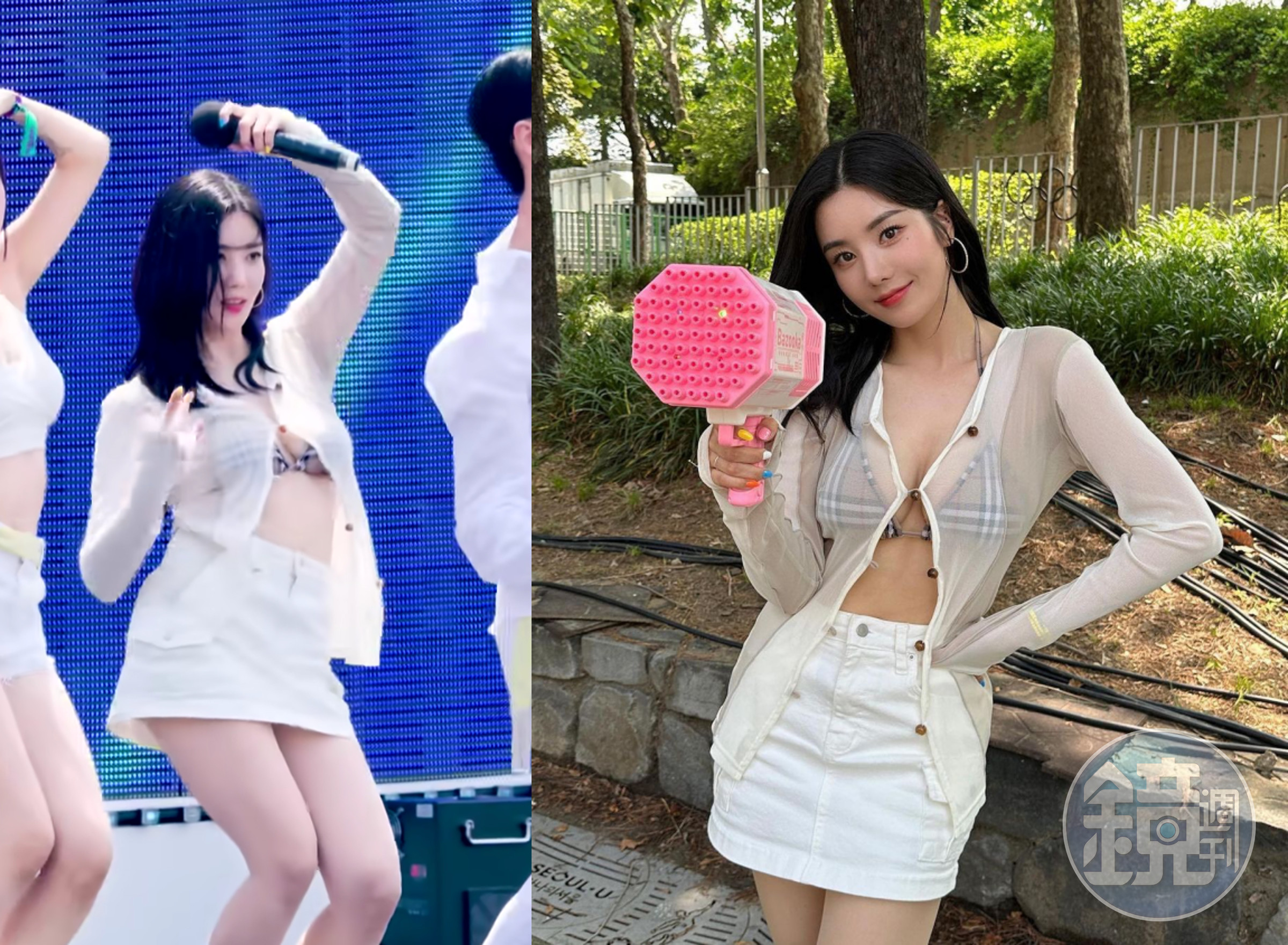 權恩妃罕見以比基尼打扮上台表演,露出傲人美胸。(翻攝權恩妃instagram,左截圖自dafttaengk YT)