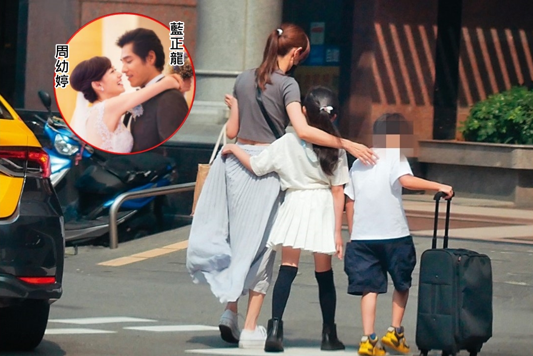 6月24日 14：59 周幼婷帶孩子回家，兒子拖著小行李箱，女兒摟著討抱。（小圖翻攝自Joanna Wedding 經典婚紗臉書）