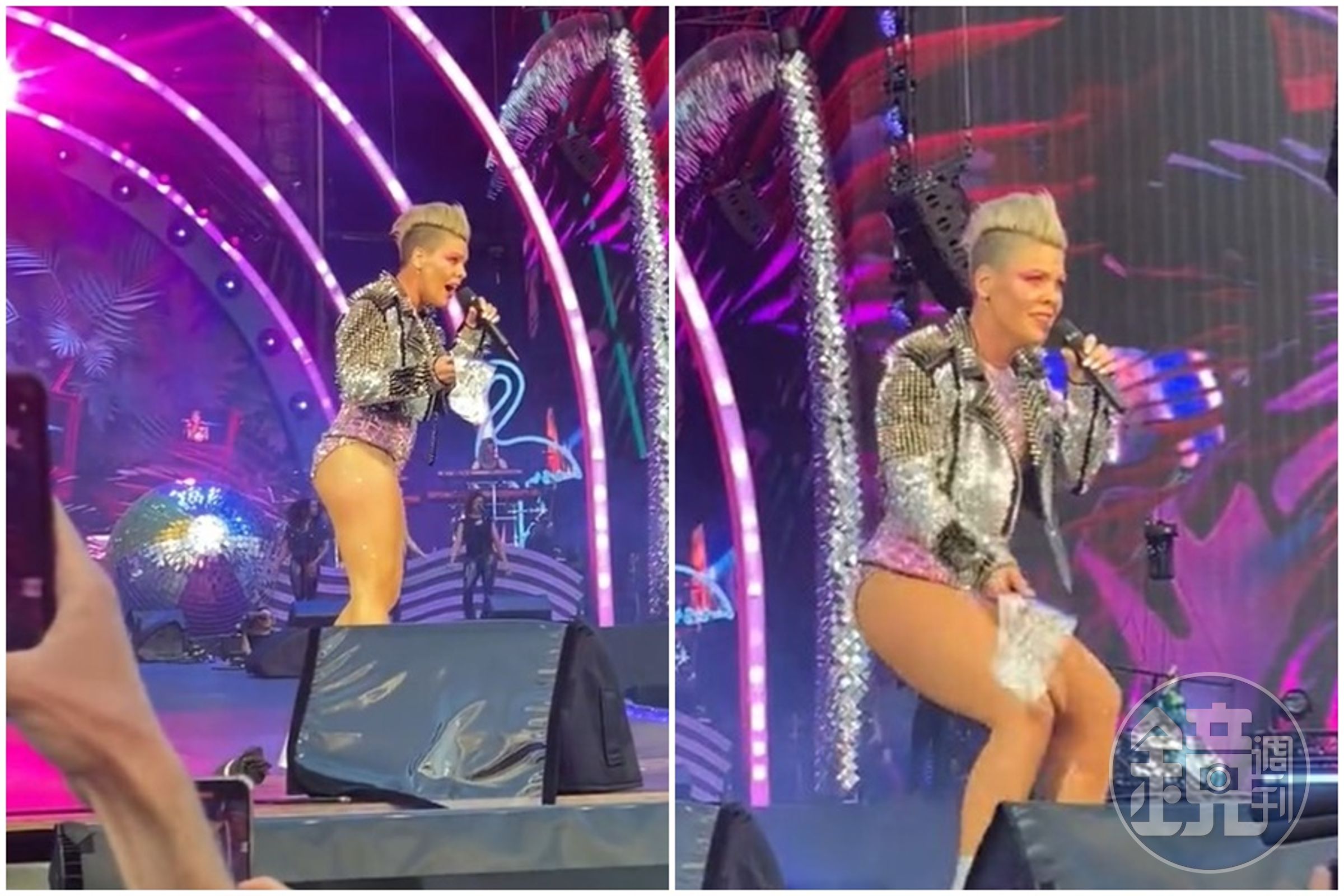 紅粉佳人（P!nk）疑似收到狂粉仍上台的亡母骨灰，令台上的她有些錯愕。（翻攝自推特）
