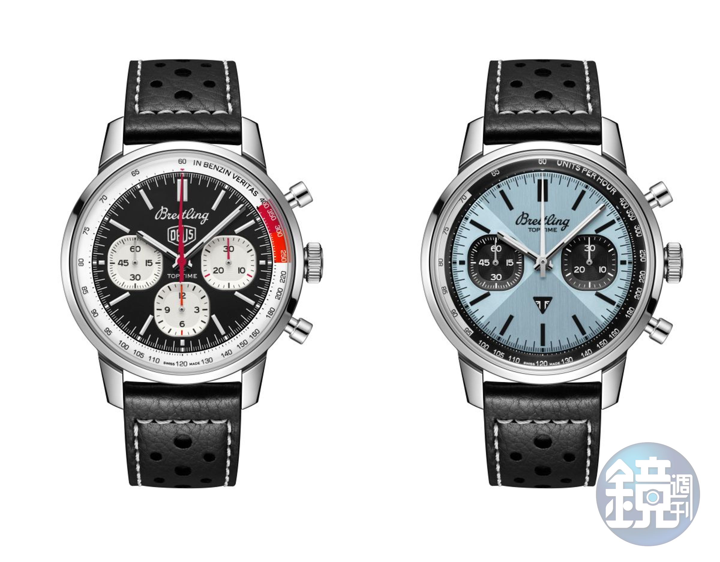 BREITLING百年靈發表全新Top Time摩托車文化錶款，與澳洲衝浪與摩托車裝備品牌Deus Ex Machina（左），以及英國頂級重機品牌凱旋Triumph（右）合作聯名，定價約NT$236,000（皮帶款）；NT$248,000（鍊帶款）。