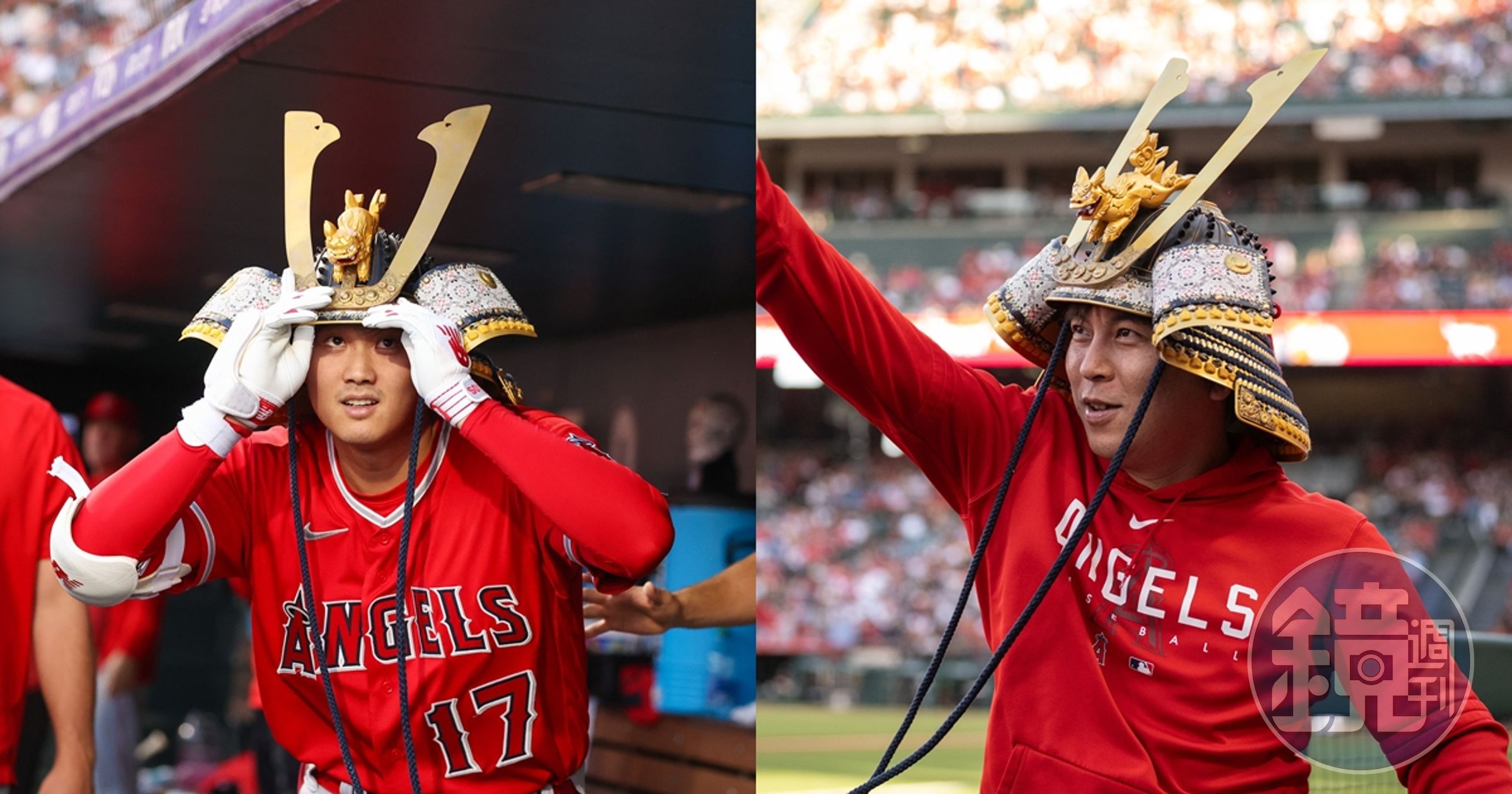 大谷翔平(左)今日開轟後,將慶祝儀式交由翻譯水原一平(右)代勞。(翻攝自推特@Angels)