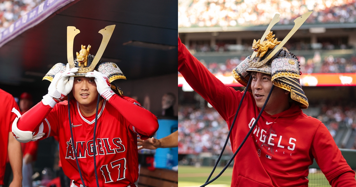 大谷翔平（左）今日開轟後，將慶祝儀式交由翻譯水原一平（右）代勞。（翻攝自推特@Angels）