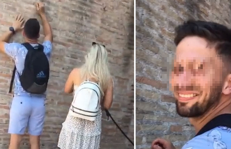 一名男子在羅馬競技場上刻字，引發眾怒。（翻攝自推特@g_sangiuliano）