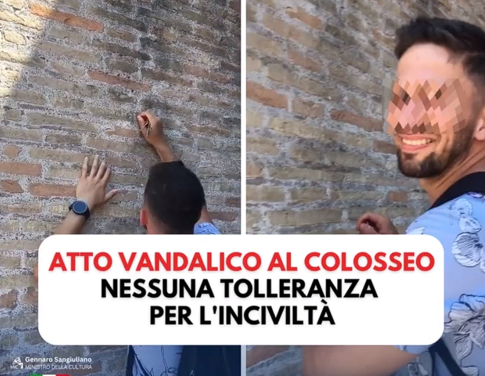 日前一名遊客在羅馬競技場上刻字，引發眾怒。（翻攝自推特@g_sangiuliano）