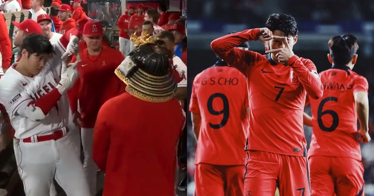大谷翔平（左圖左）開轟後的拍照手勢引發韓國熱議，認為在模仿他們的足球一哥孫興慜（右）。（翻攝自孫興慜IG、推特@BallySportWest）