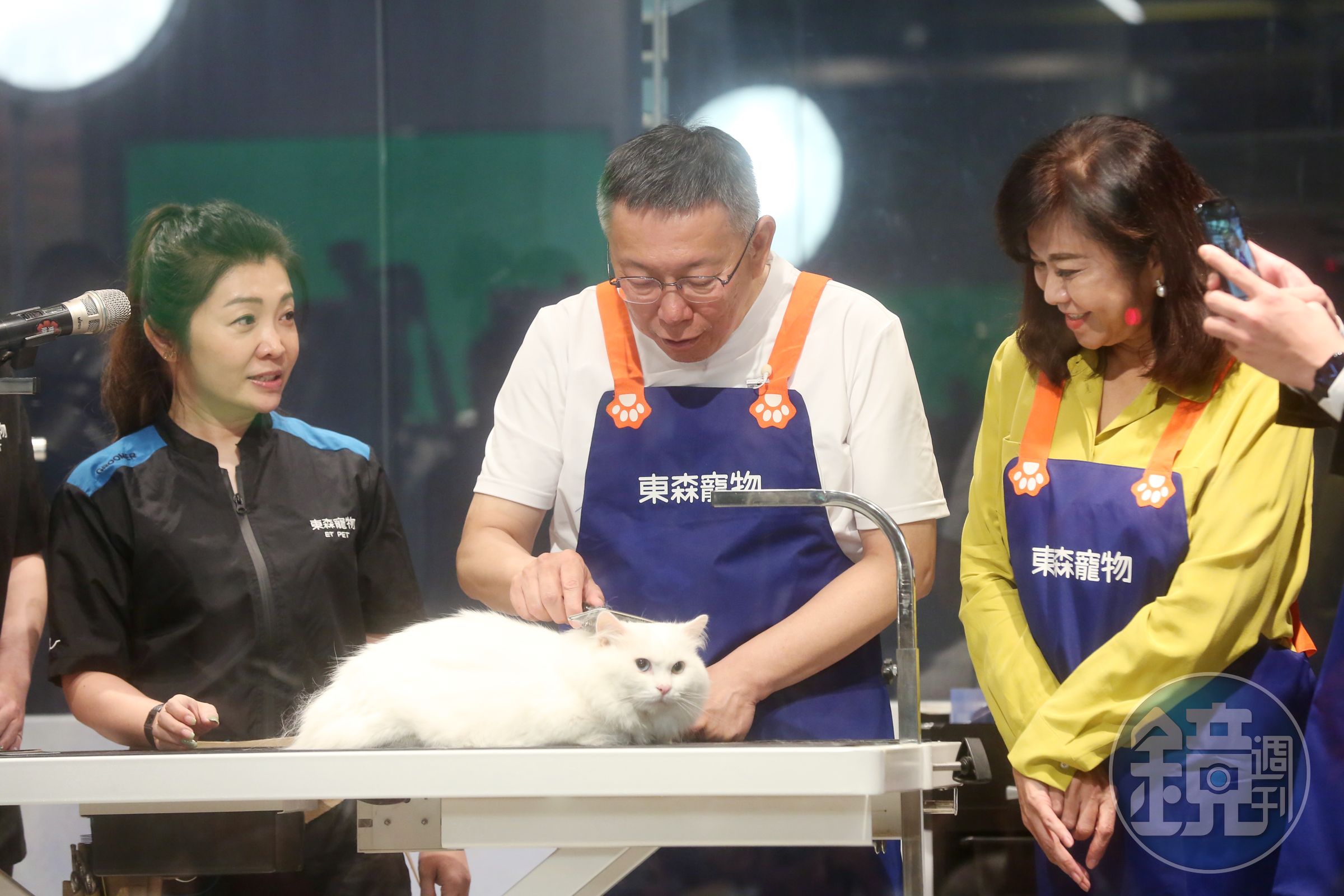 柯文哲今天參訪東森集團,體驗寵物美容師工作。