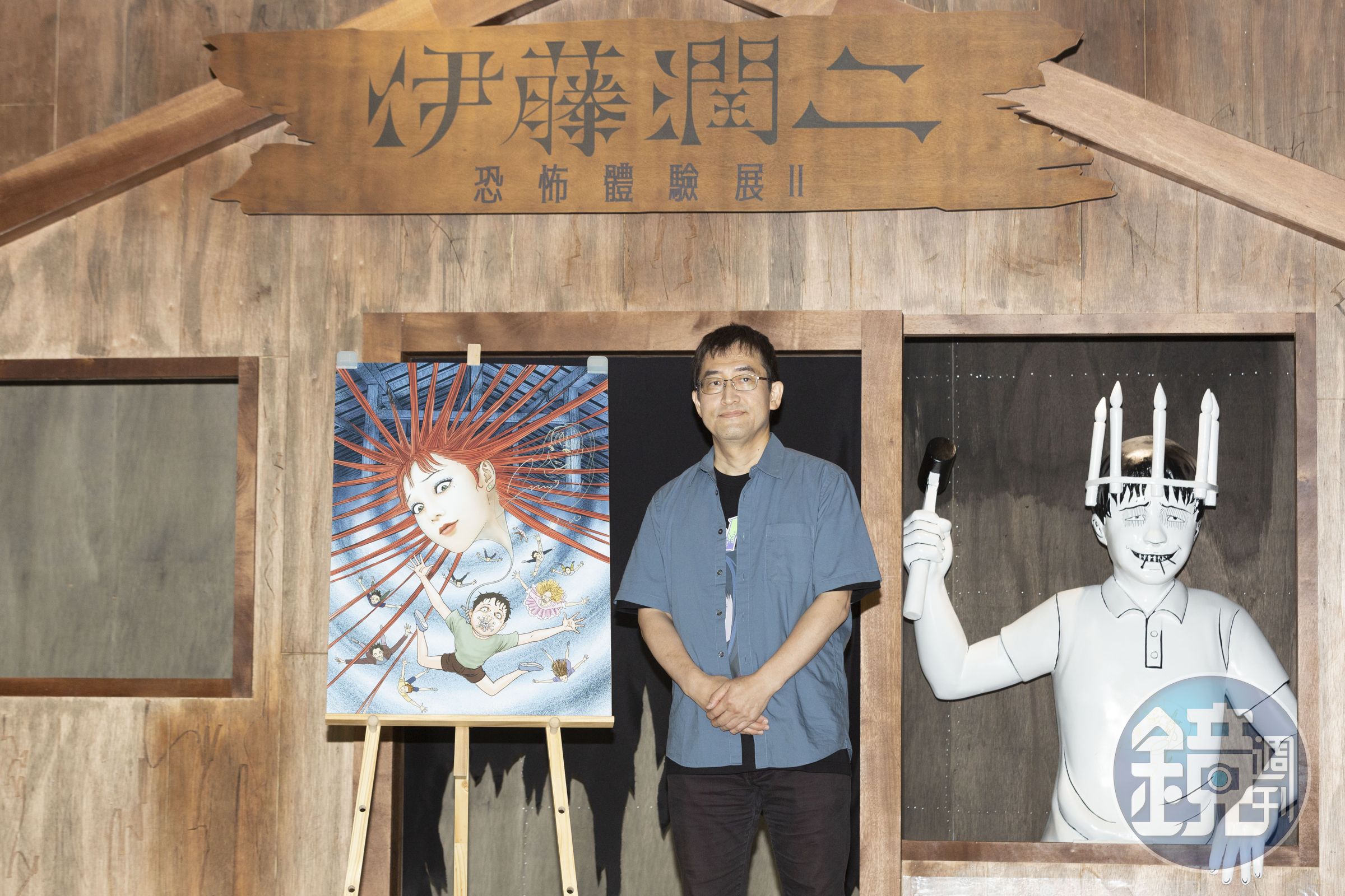伊藤潤二為了這次的台灣展覽特地手繪專屬視覺，結合富江、雙一、人頭氣球等元素。
