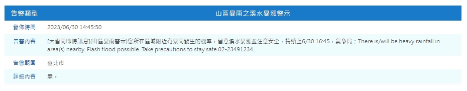 中央氣象局發布防災告警訊息。（中央氣象局提供）