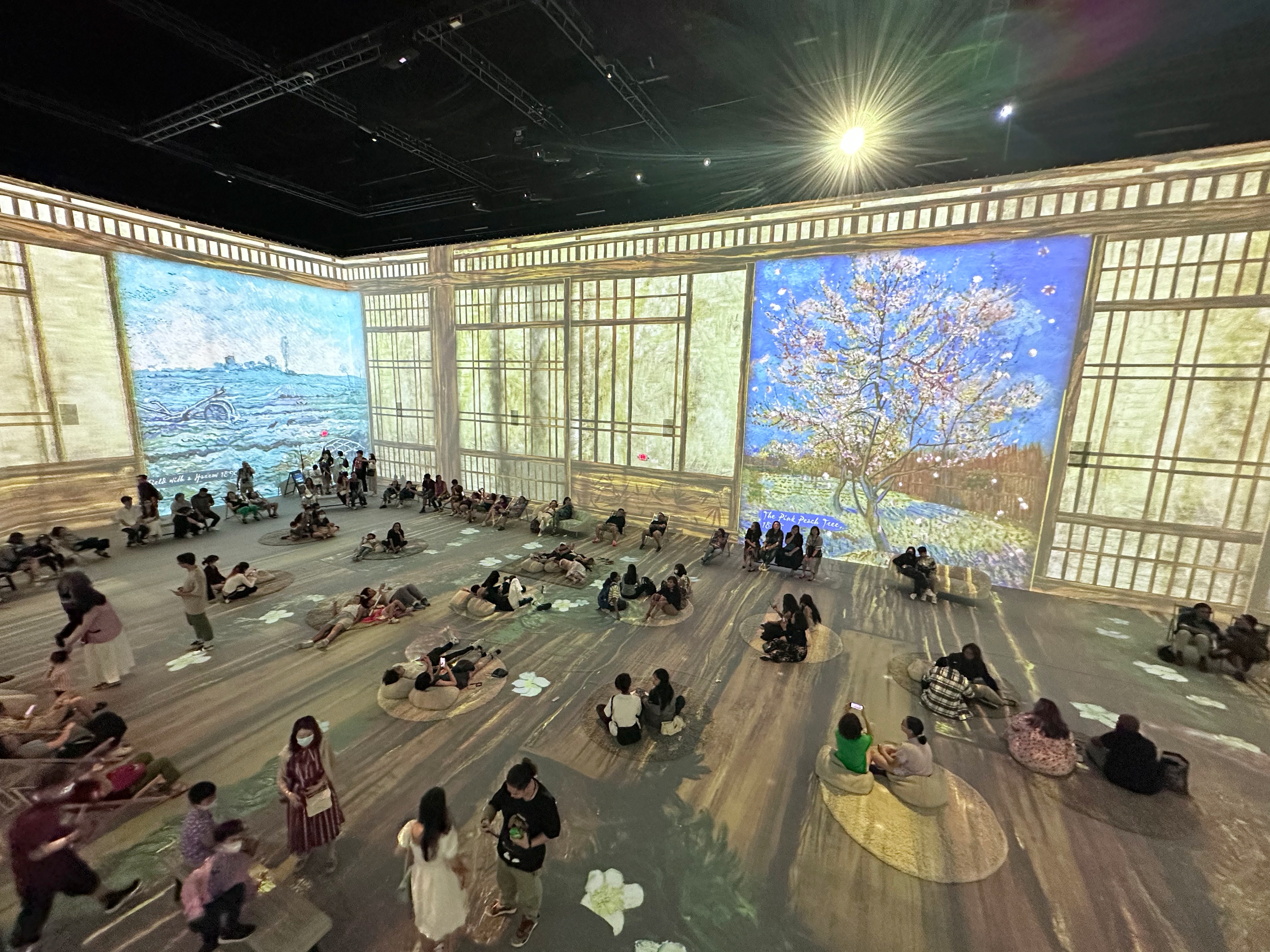 在廣闊的中央投影區，逛展者可以或坐或躺，舒服看展。