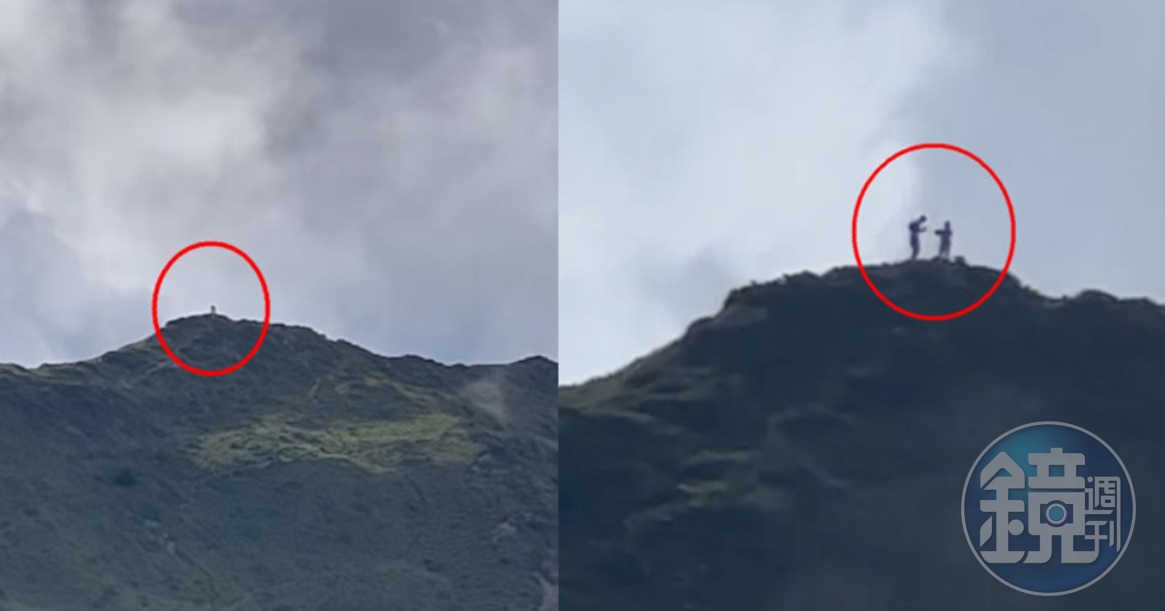 網友登山時意外拍到哈哈山頂可疑巨大人影,網友們紛紛猜測是山神或外星人。(翻攝臉書社團臉書社團「肉腳登山社」)
