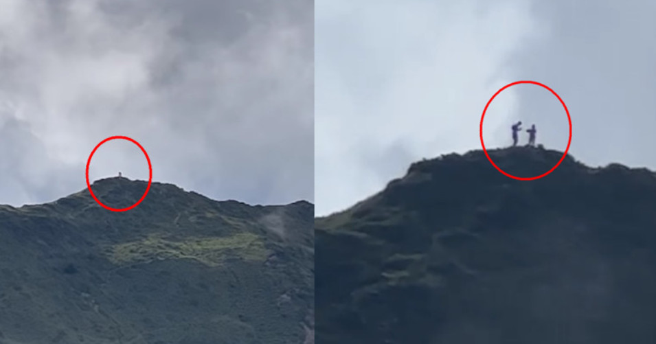 網友登山時意外拍到哈哈山頂可疑巨大人影，網友們紛紛猜測是山神或外星人。（翻攝臉書社團臉書社團「肉腳登山社」）