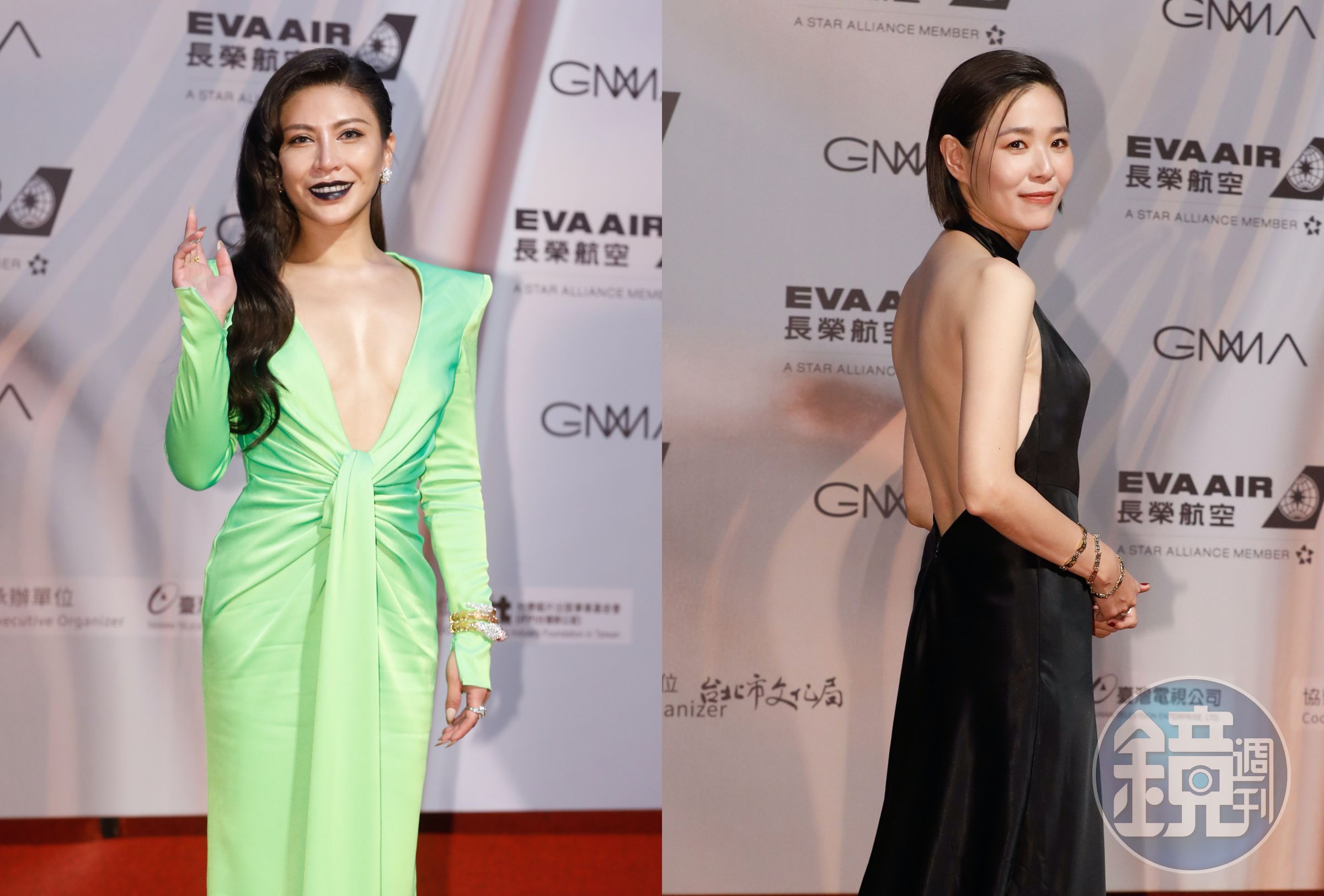 艾怡良（左）一身深V螢光綠墊肩禮服，宛如摩登大聖再現，安溥（右）則是背後全部鏤空，露出一整片大美背。