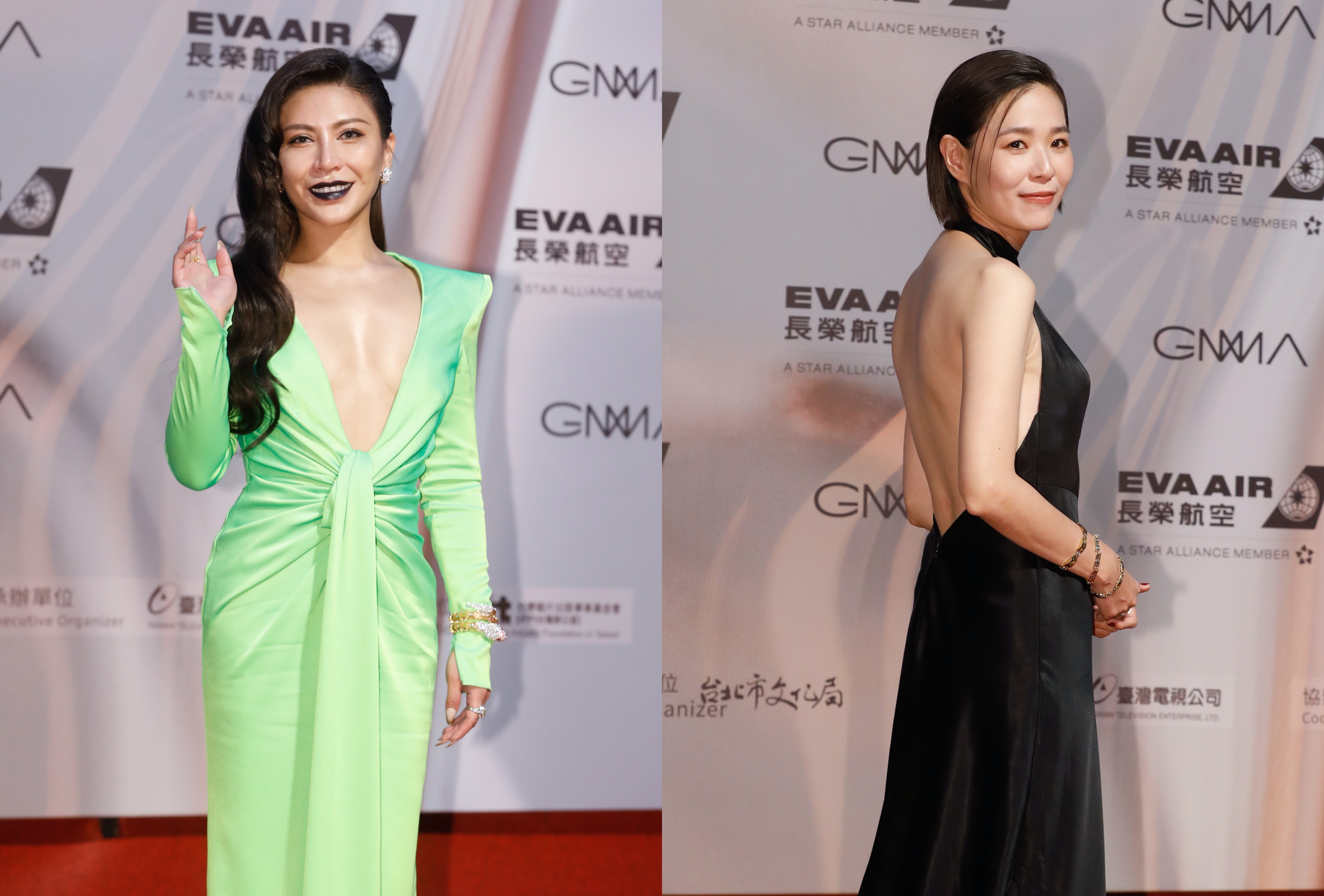 艾怡良（左）一身深V螢光綠墊肩禮服，宛如摩登大聖再現，安溥（右）則是背後全部鏤空，露出一整片大美背。