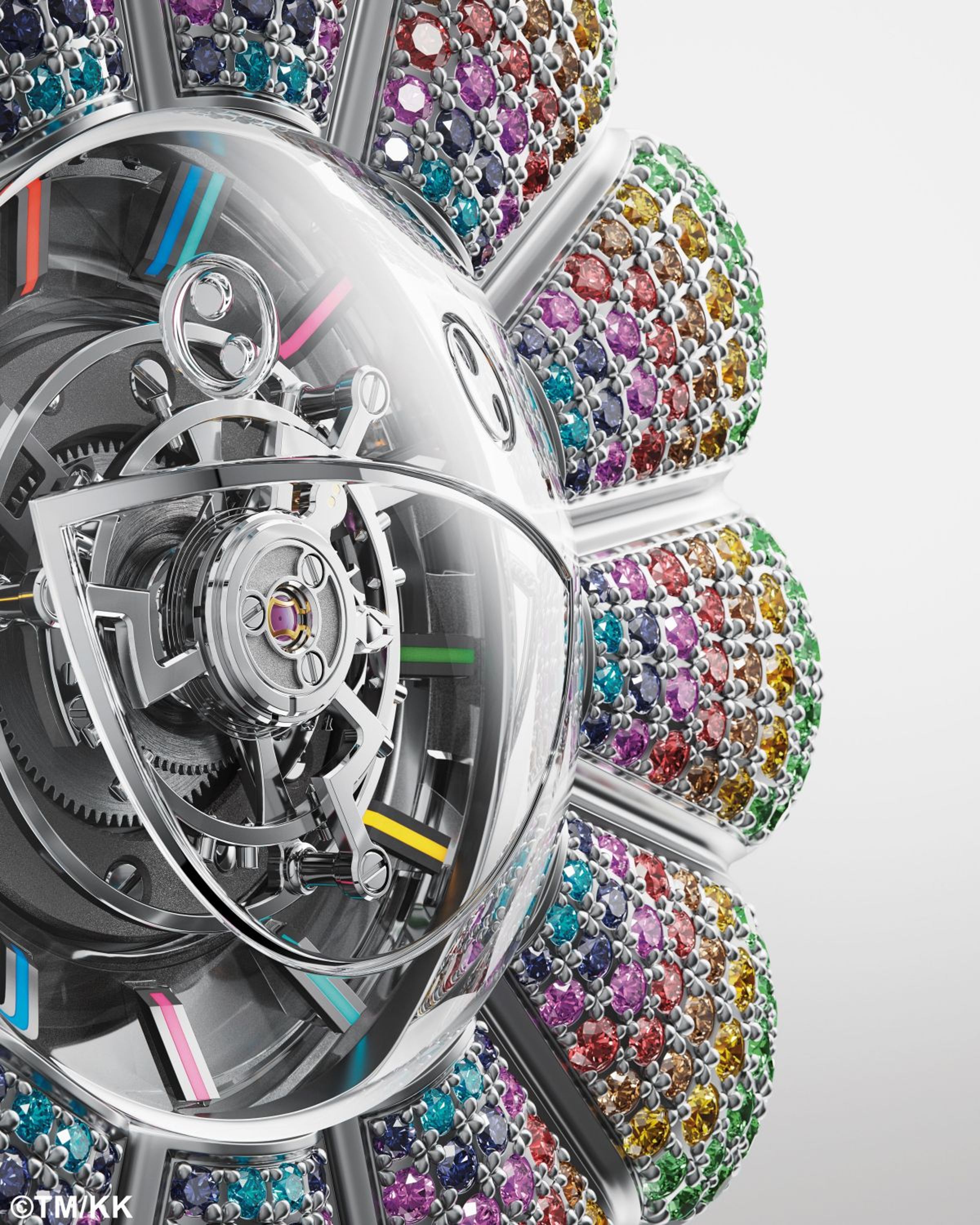 HUBLOT MP-15 Takashi Murakami Only Watch錶款，把陀飛輪結構置於村上隆「太陽花」圖騰的笑臉之下，象徵病童與罕病搏鬥的堅強與開朗意志力。©TM/KK